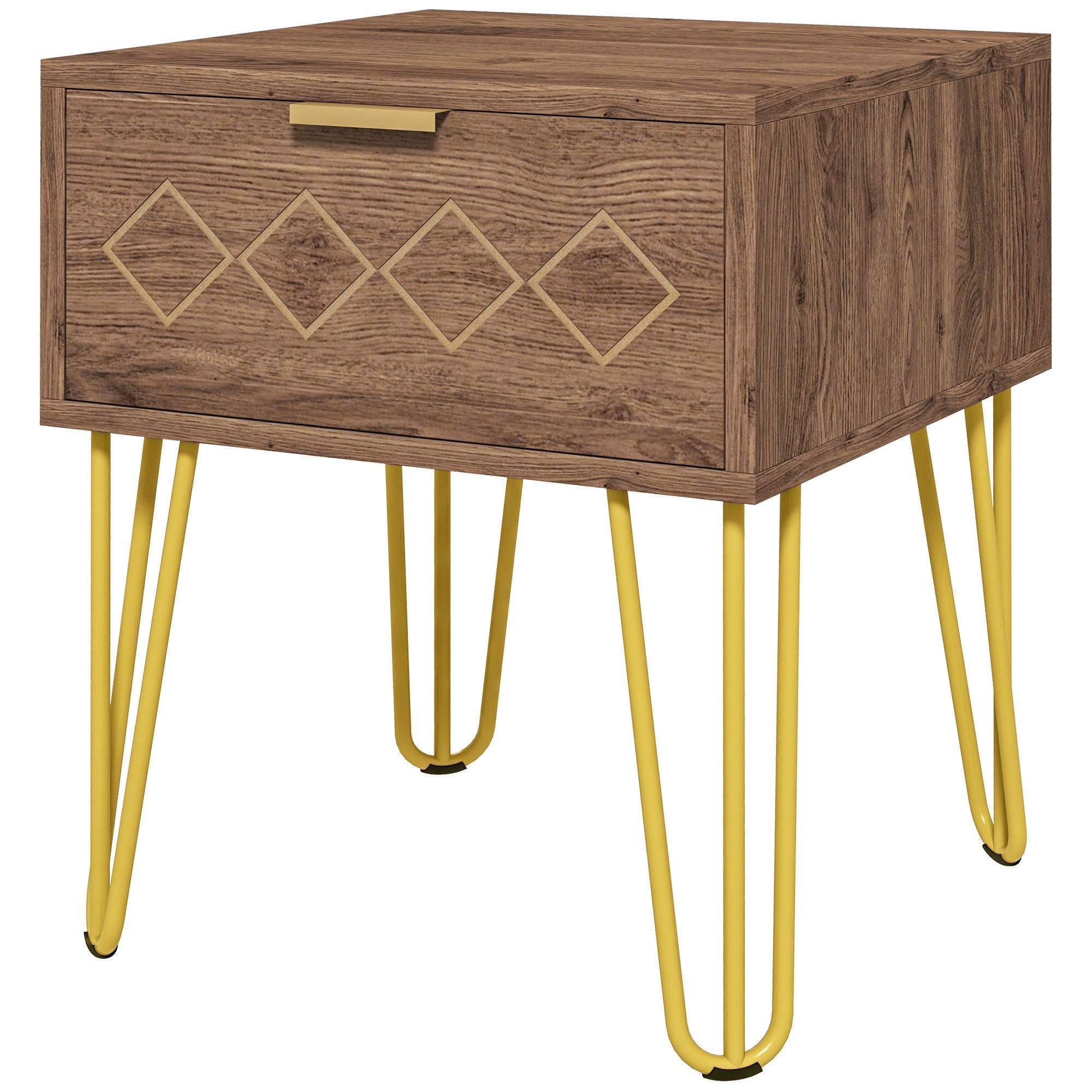 HOMCOM Bedside Table with Drawer, Wooden Nightstand, Modern Sofa Side Table with Gold Tone Metal Legs and Handles for Living Room, Bedroom, Easy Assembly, 40x41x 49cm, Brown