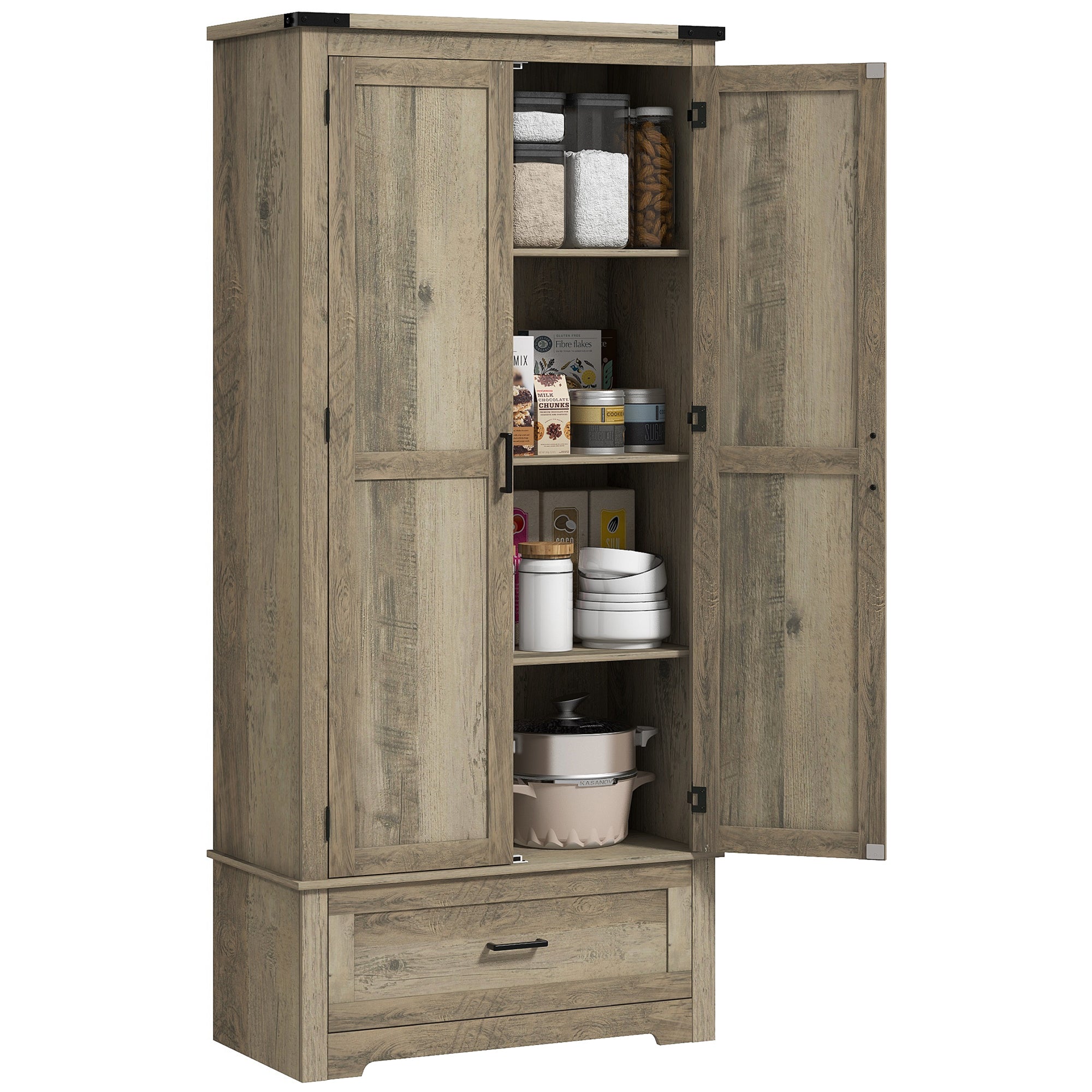 HOMCOM 69" Tall Kitchen Pantry Storage Cabinet, Farmhouse Freestanding Pantry Cabinet with 2 Doors, Drawer and Adjustable Shelves, Grey