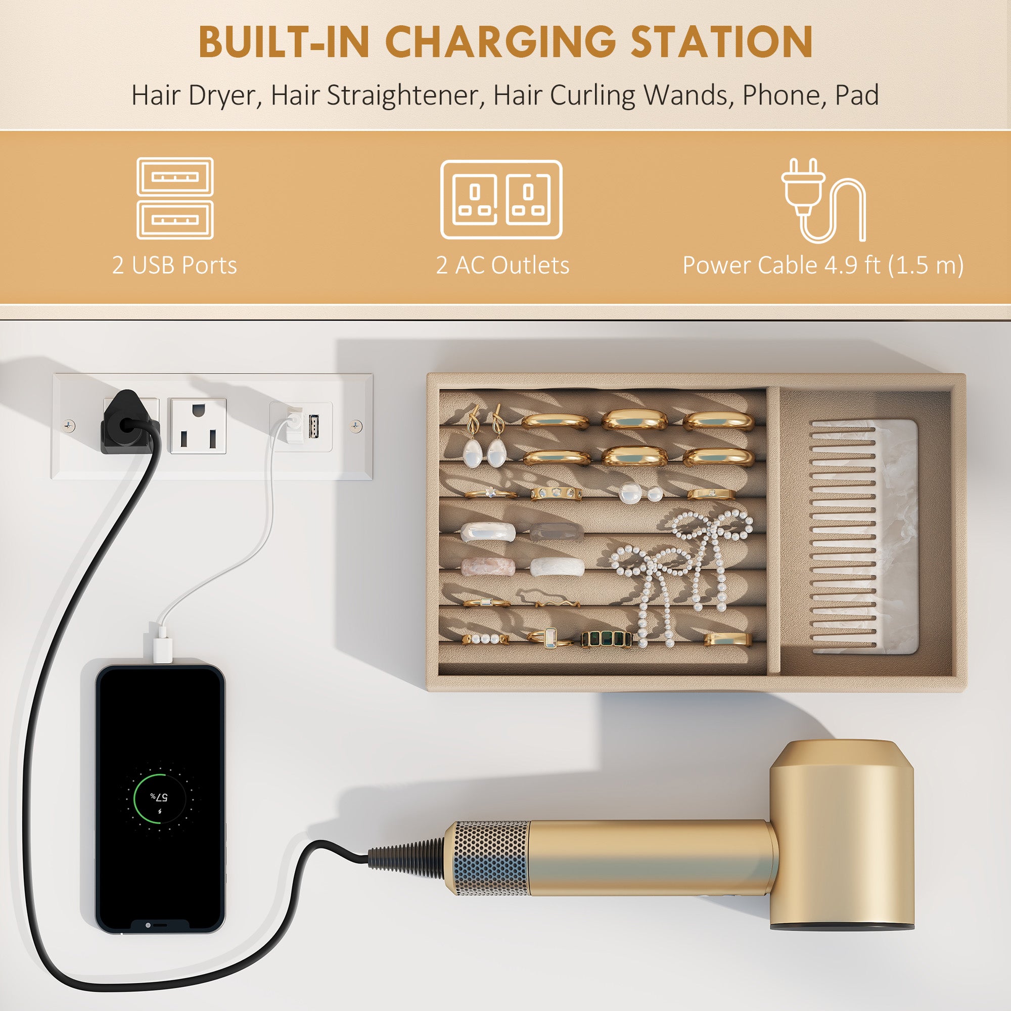 Vanity Desk with Mirror and 12 LED Lights, Makeup Table with Power Outlet, 3 Light Colour, 6 Drawers and 2 Open Shelves, Dressing Table for Bedroom, Dressing Room, White