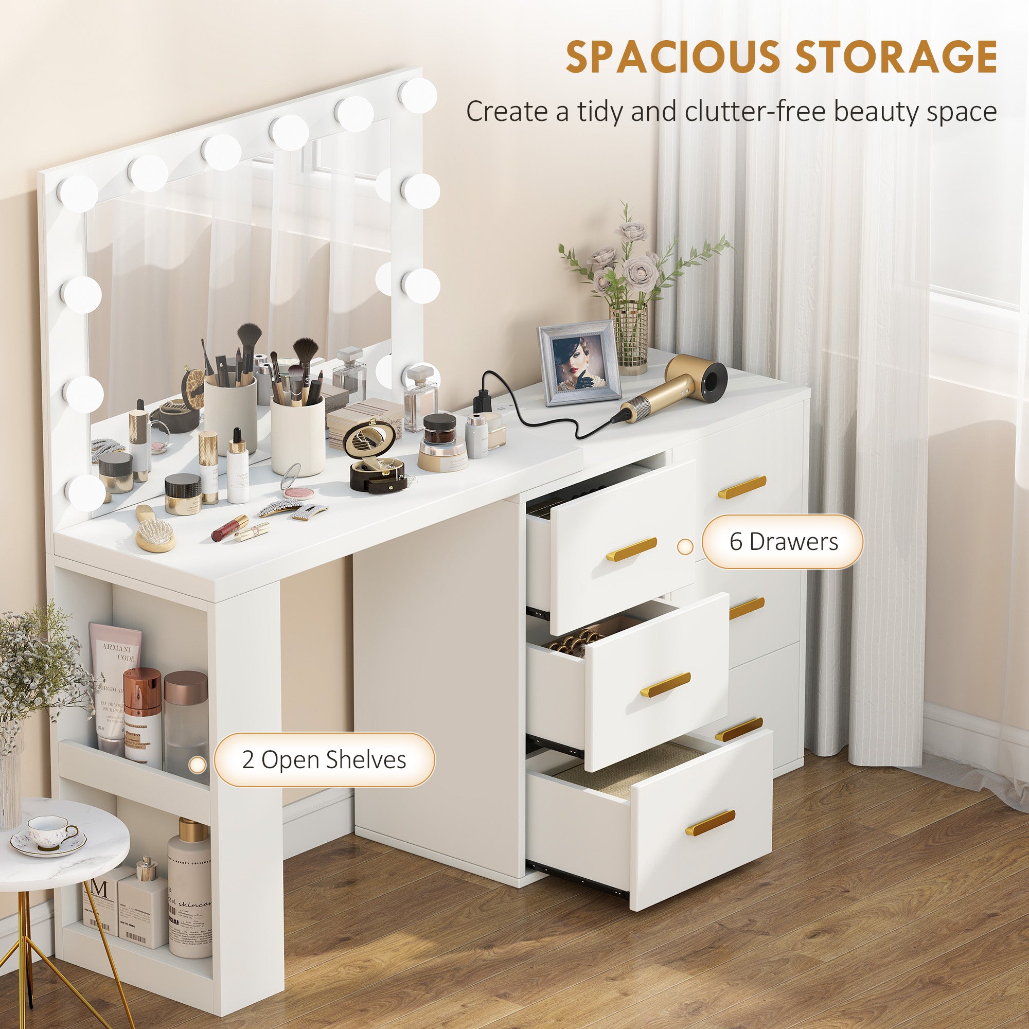 Vanity Desk with Mirror and 12 LED Lights, Makeup Table with Power Outlet, 3 Light Colour, 6 Drawers and 2 Open Shelves, Dressing Table for Bedroom, Dressing Room, White