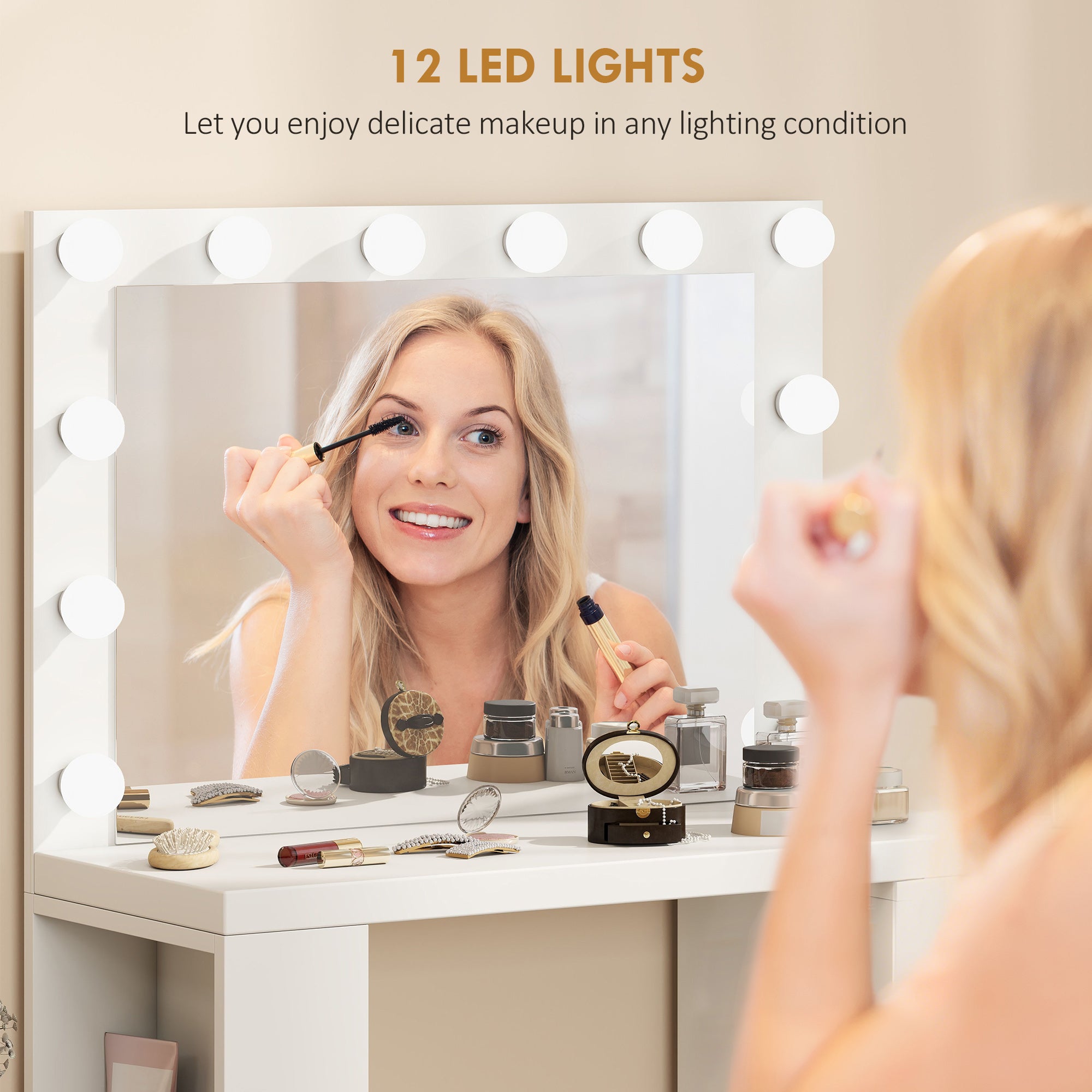 Vanity Desk with Mirror and 12 LED Lights, Makeup Table with Power Outlet, 3 Light Colour, 6 Drawers and 2 Open Shelves, Dressing Table for Bedroom, Dressing Room, White