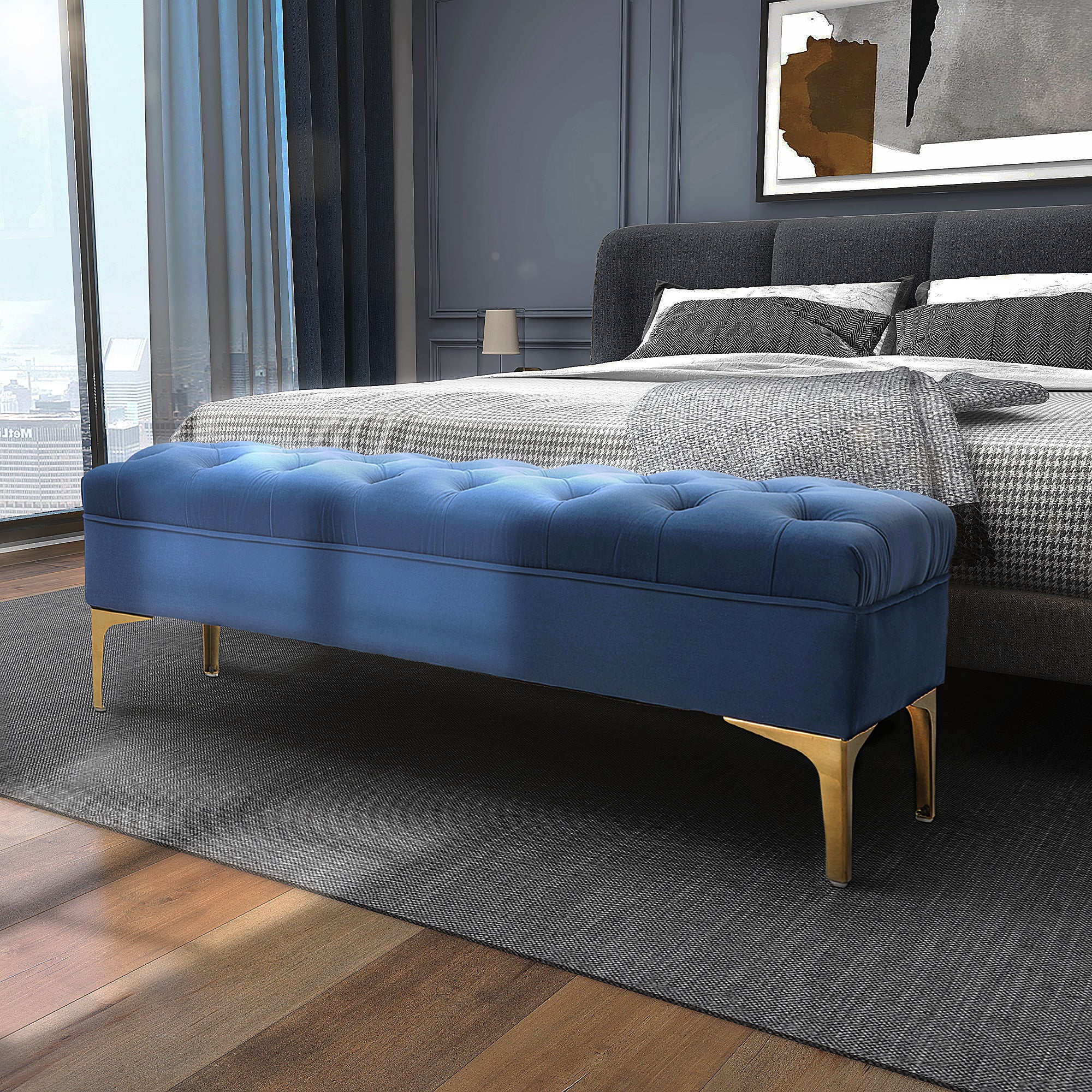 HOMCOM Velvet Upholstered Bench, End of Bed Bench, Entryway Shoe Bench with Button Tufted for Living Room, Bedroom, Blue