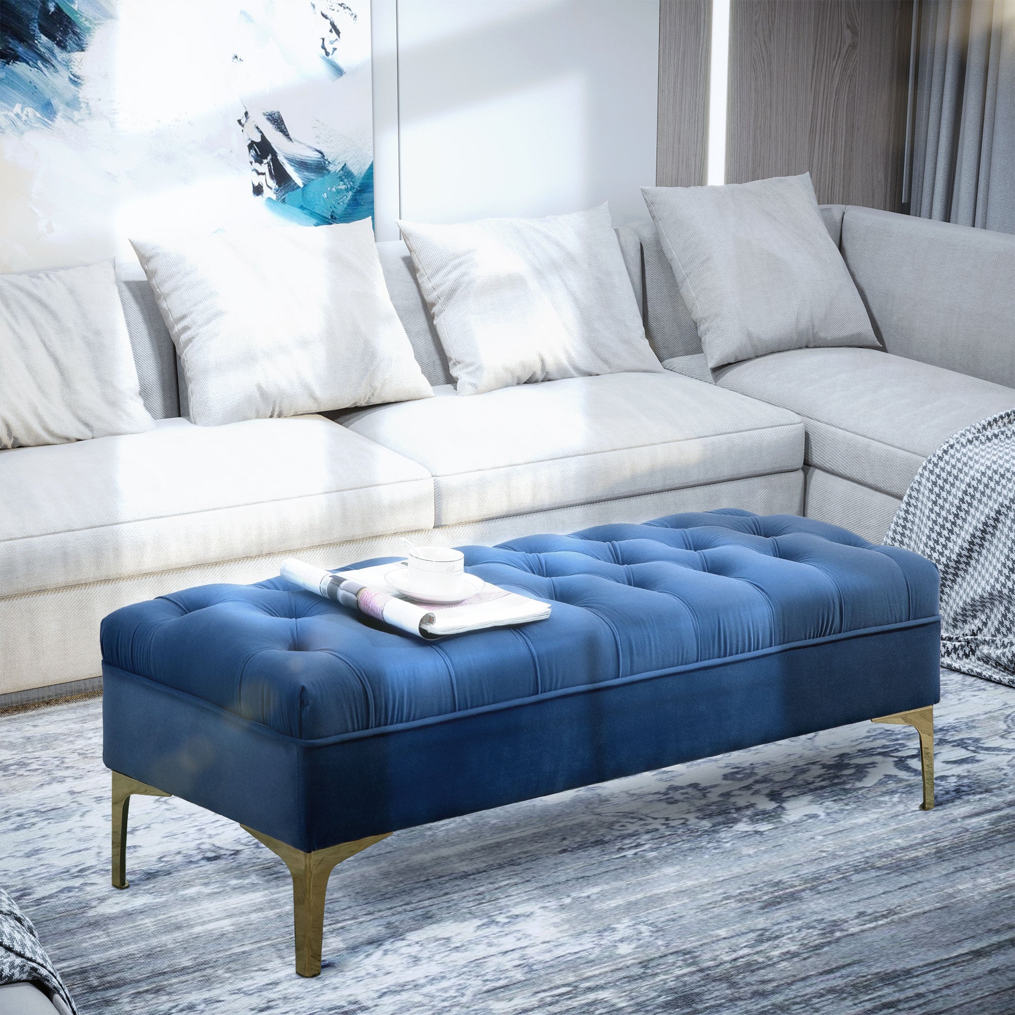 HOMCOM Velvet Upholstered Bench, End of Bed Bench, Entryway Shoe Bench with Button Tufted for Living Room, Bedroom, Blue