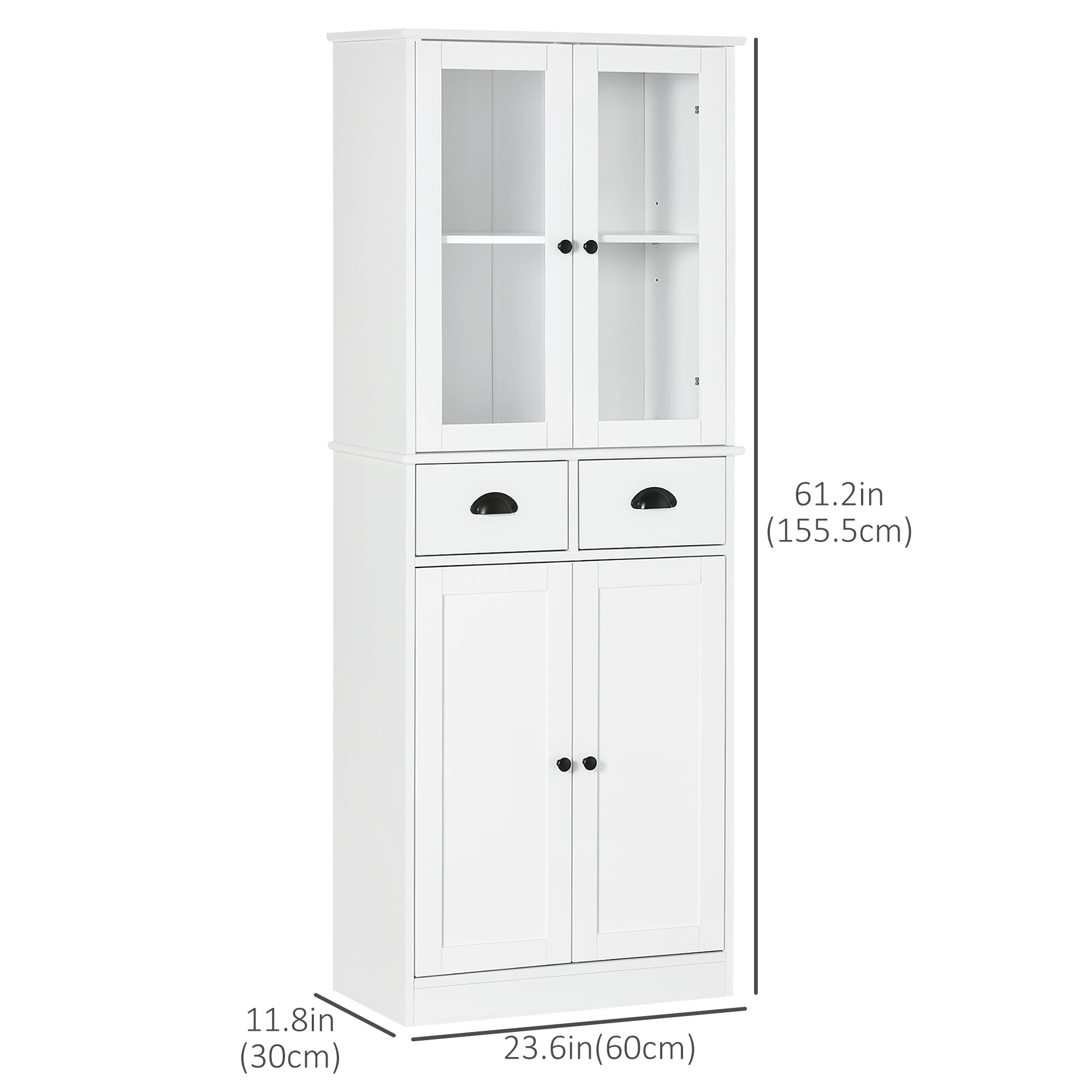 HOMCOM 61" Kitchen Pantry Cabinet, Freestanding Farmhouse Storage Cabinet with Soft Close Glass Doors and Adjustable Shelves, White