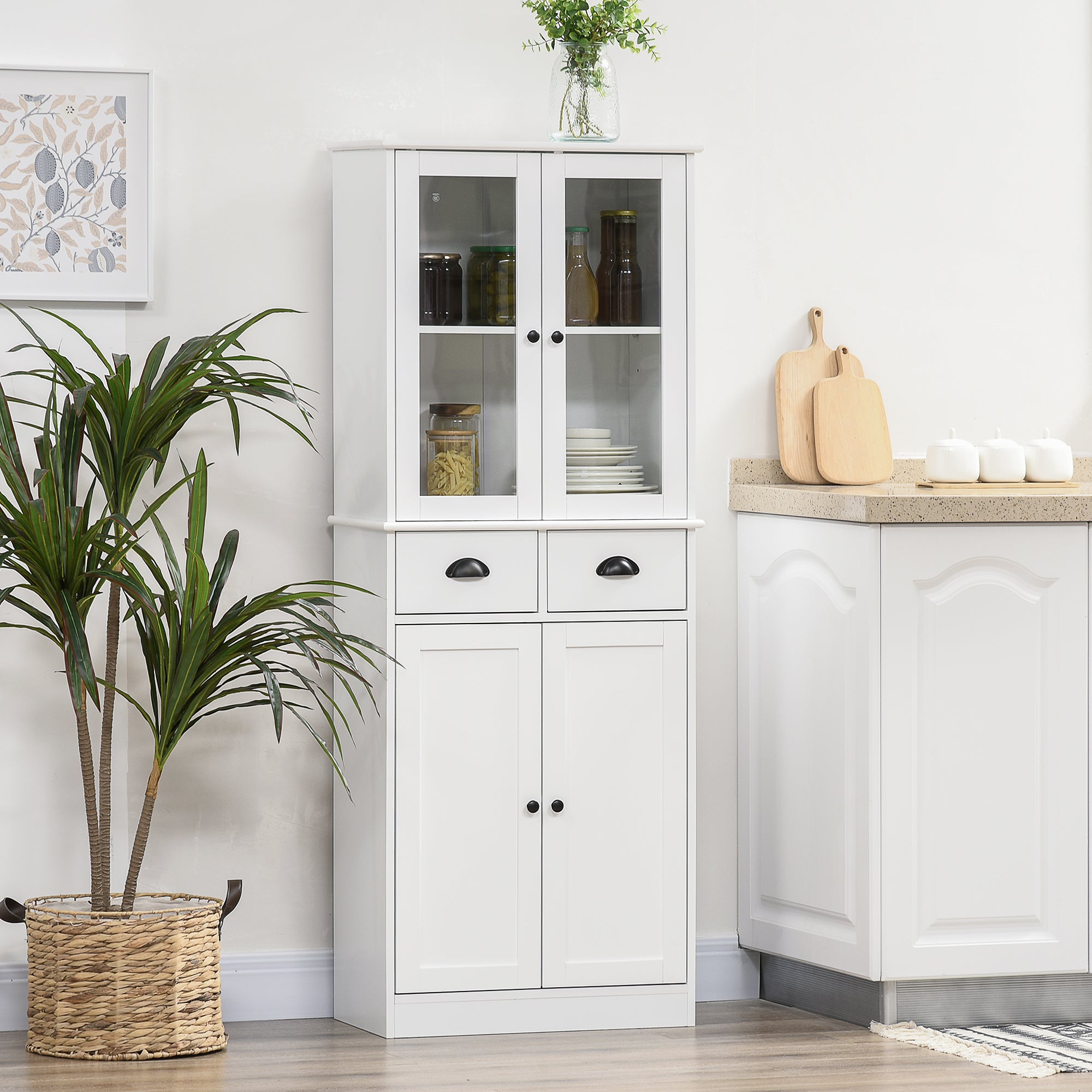 HOMCOM 61" Kitchen Pantry Cabinet, Freestanding Farmhouse Storage Cabinet with Soft Close Glass Doors and Adjustable Shelves, White