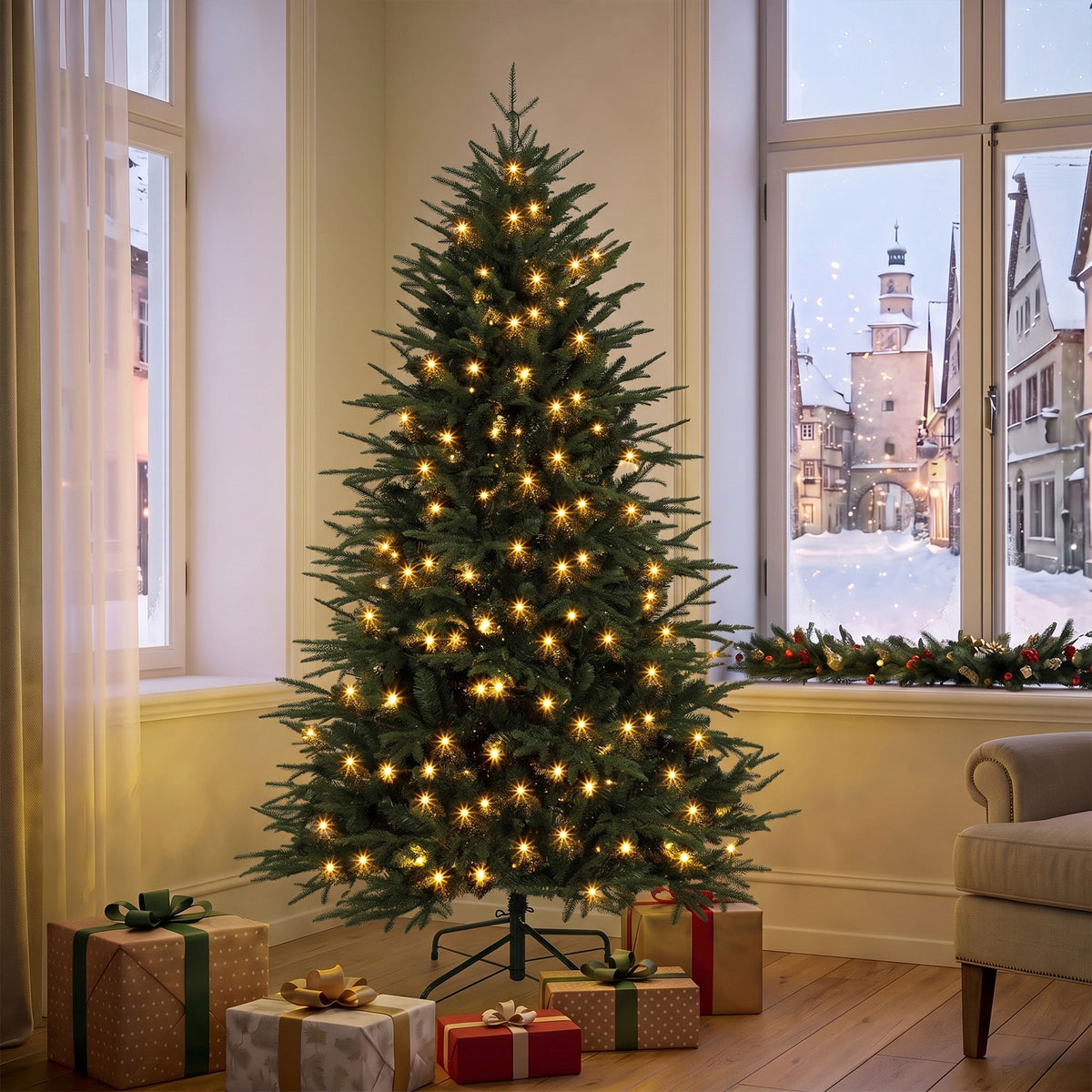 6ft Prelit Christmas Tree, Wide Spruce, Artificial Hinged Xmas Tree with 300 Warm White LED Lights, 2345 Tips, Foldable Metal Stand for Holiday, Green