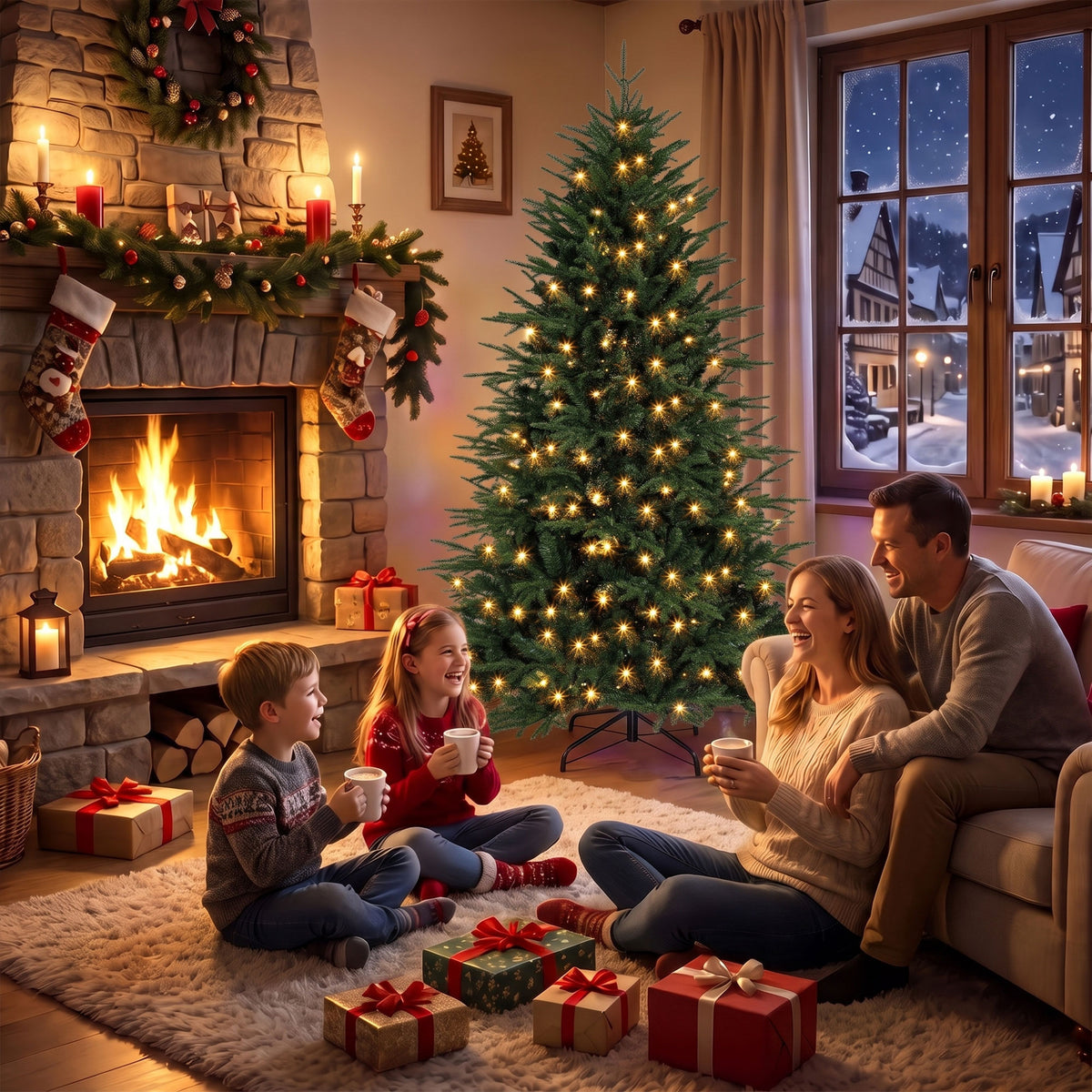 6ft Prelit Christmas Tree, Wide Spruce, Artificial Hinged Xmas Tree with 300 Warm White LED Lights, 2345 Tips, Foldable Metal Stand for Holiday, Green