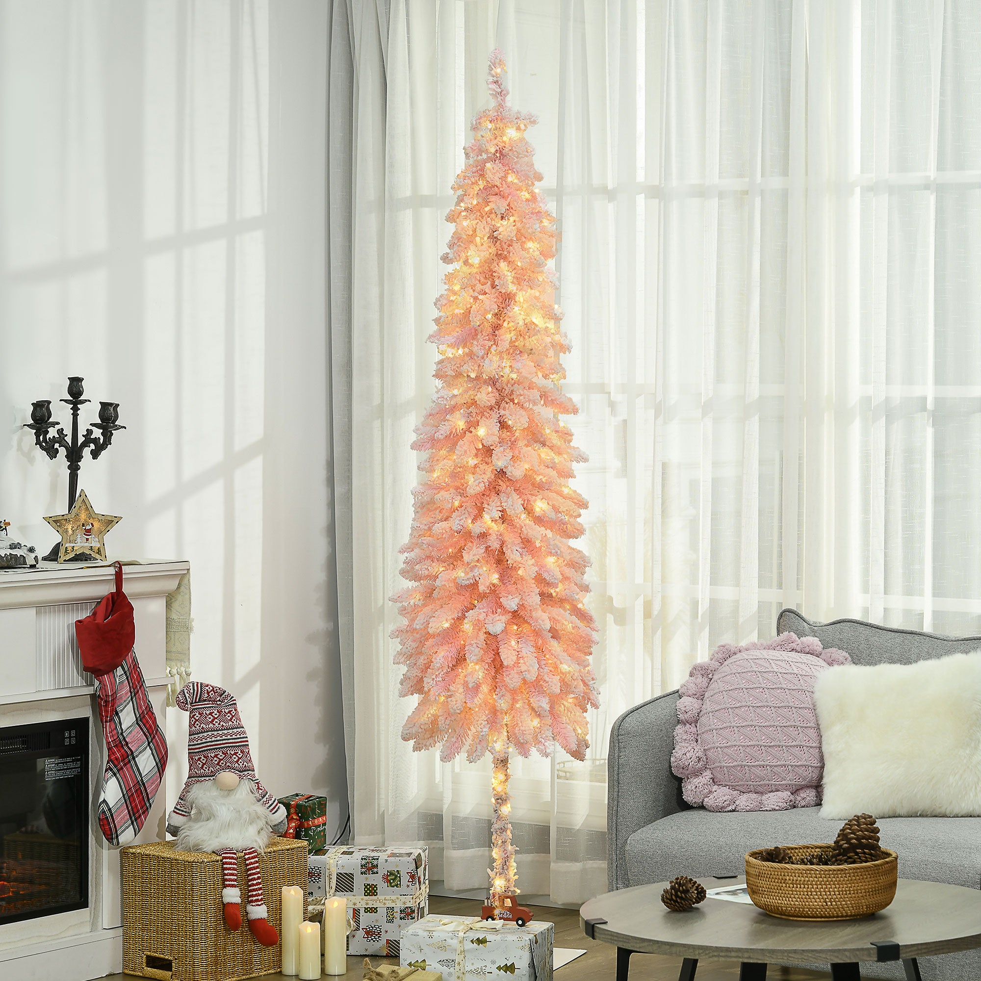 6' Flocked Christmas Trees, Pencil Prelit Artificial Christmas Tree with Snow Downswept Branches, Pink