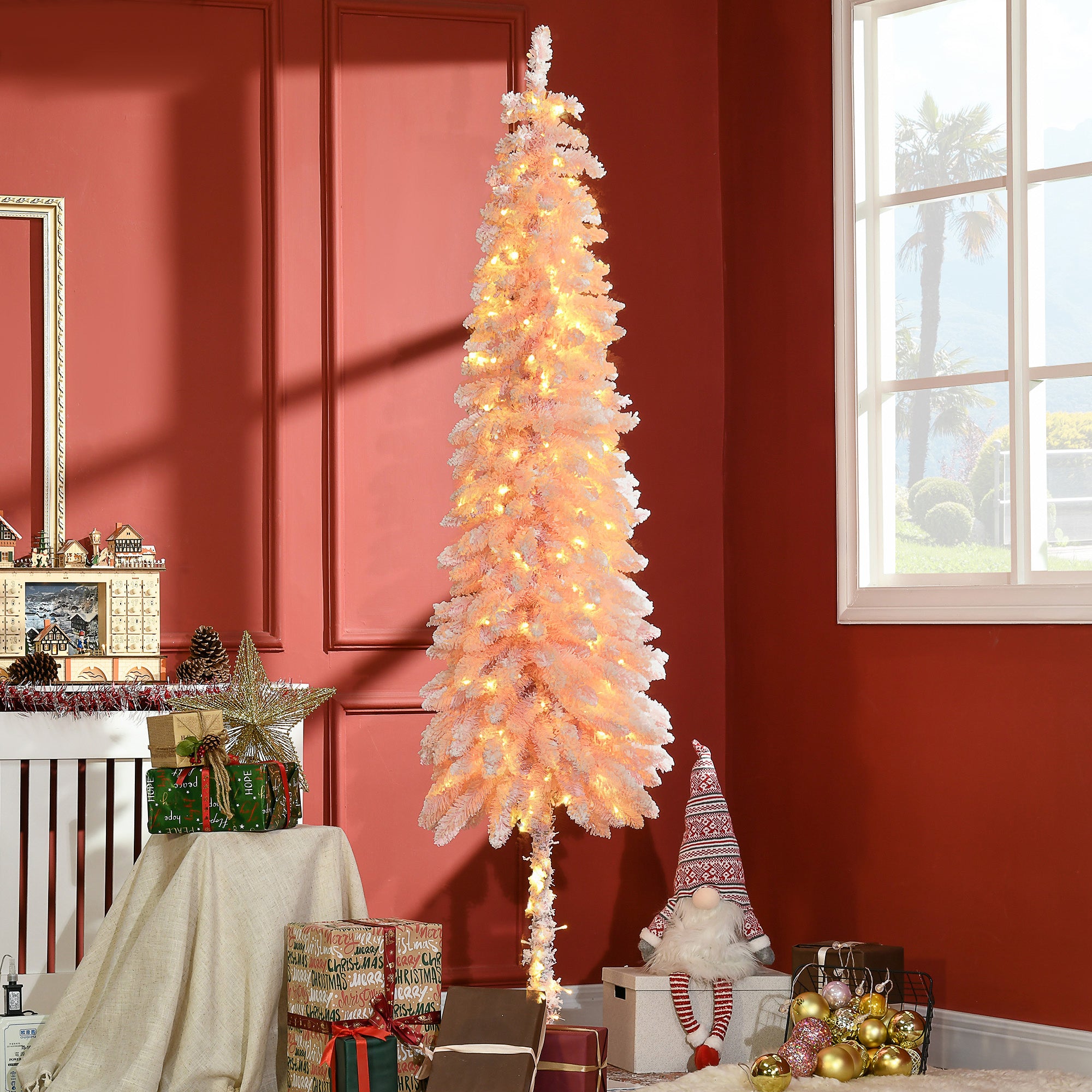 6' Flocked Christmas Trees, Pencil Prelit Artificial Christmas Tree with Snow Downswept Branches, Pink