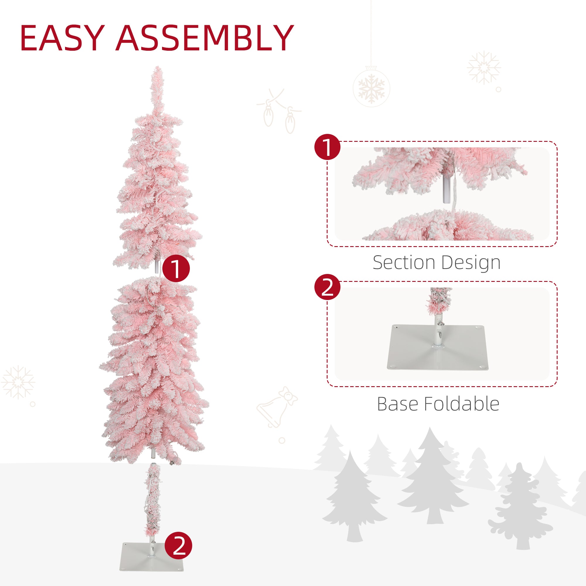 6' Flocked Christmas Trees, Pencil Prelit Artificial Christmas Tree with Snow Downswept Branches, Pink