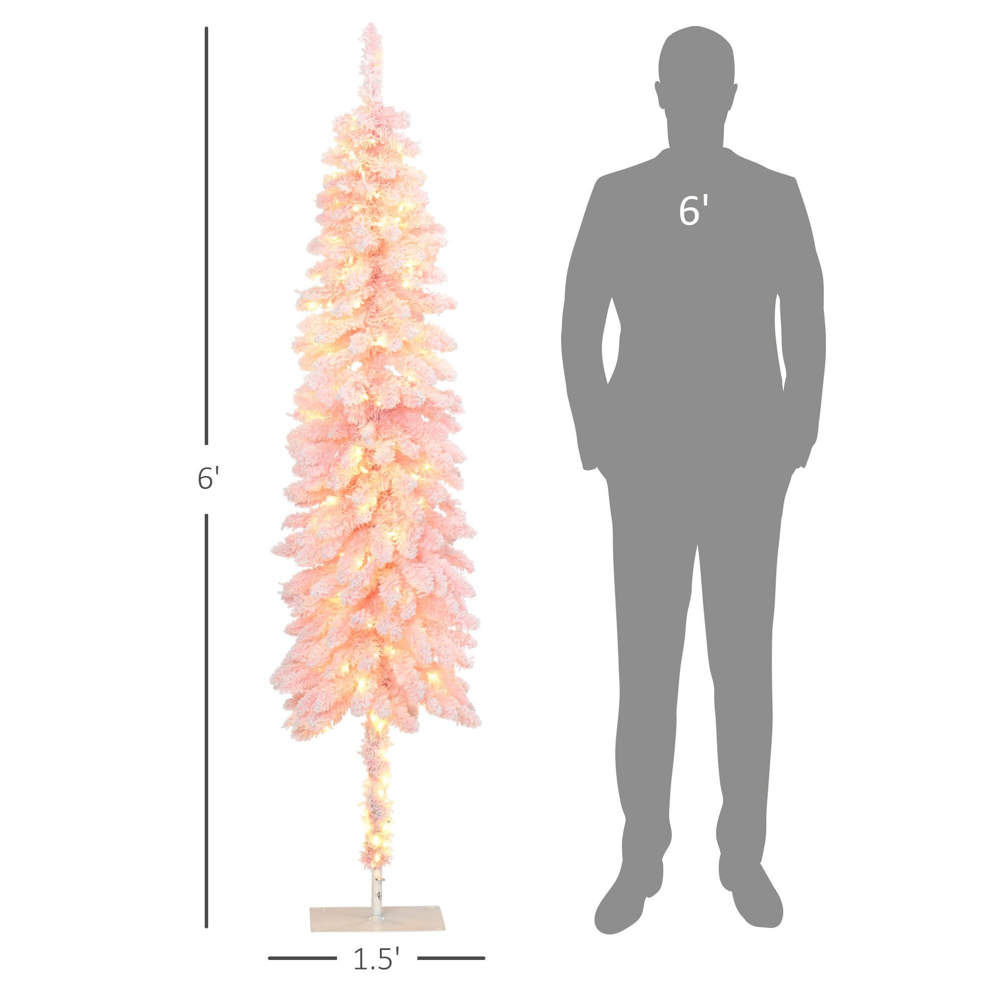 6' Flocked Christmas Trees, Pencil Prelit Artificial Christmas Tree with Snow Downswept Branches, Pink