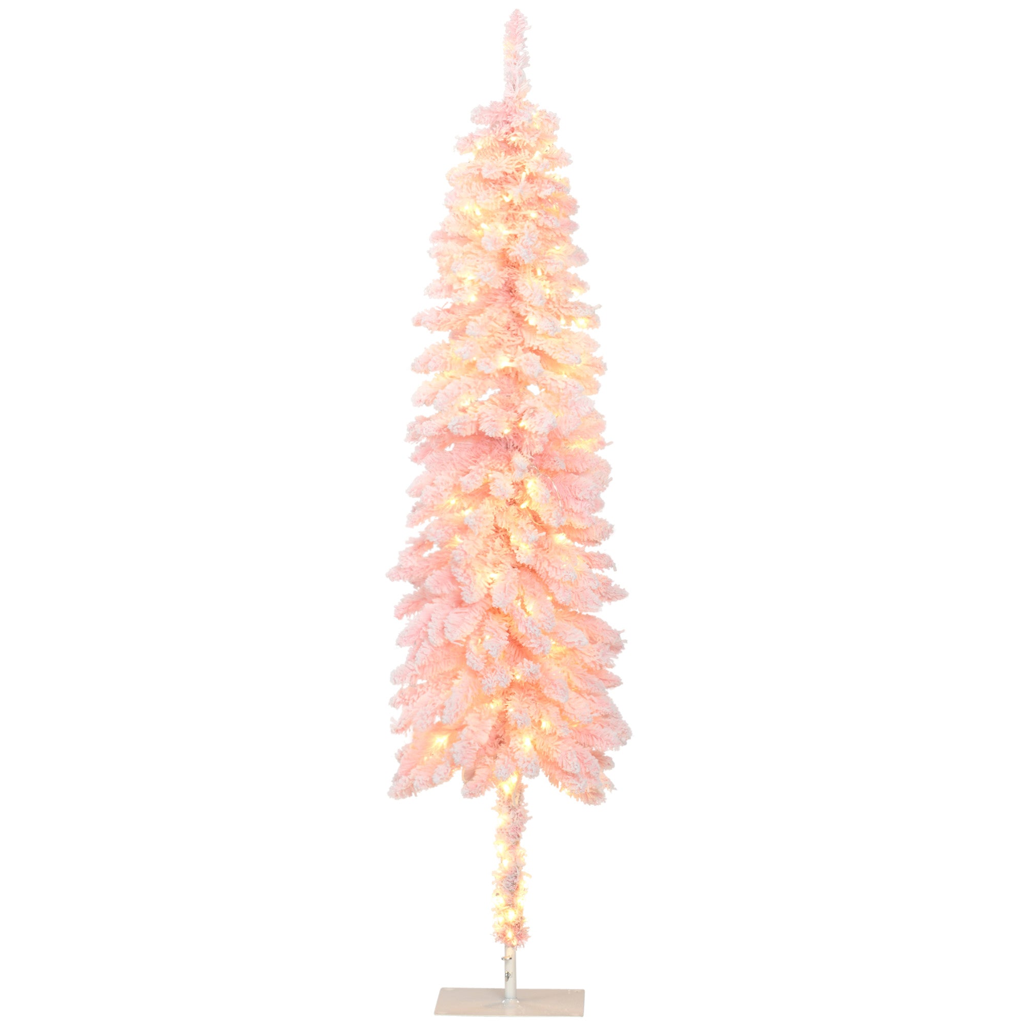 6' Flocked Christmas Trees, Pencil Prelit Artificial Christmas Tree with Snow Downswept Branches, Pink