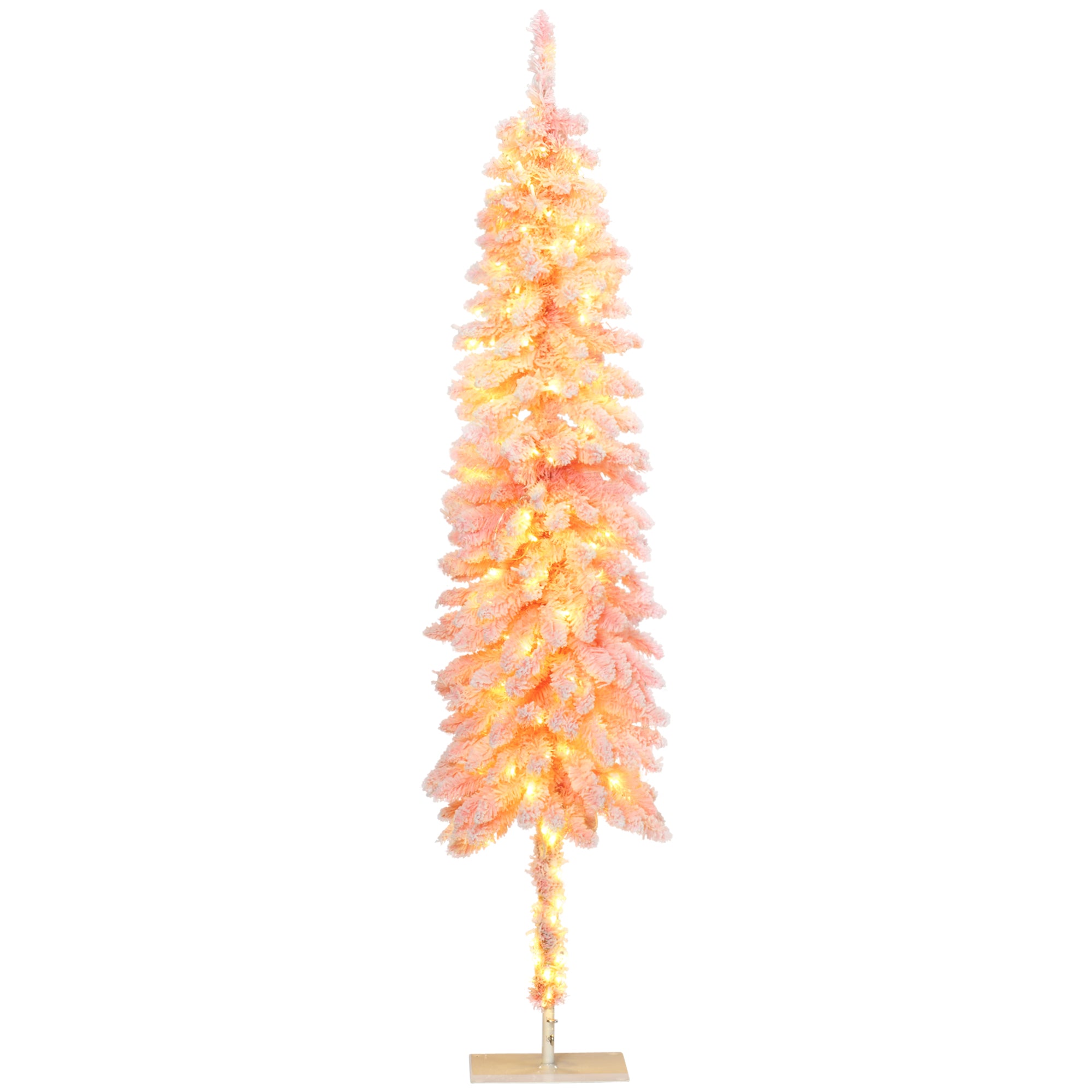 6' Flocked Christmas Trees, Pencil Prelit Artificial Christmas Tree with Snow Downswept Branches, Pink