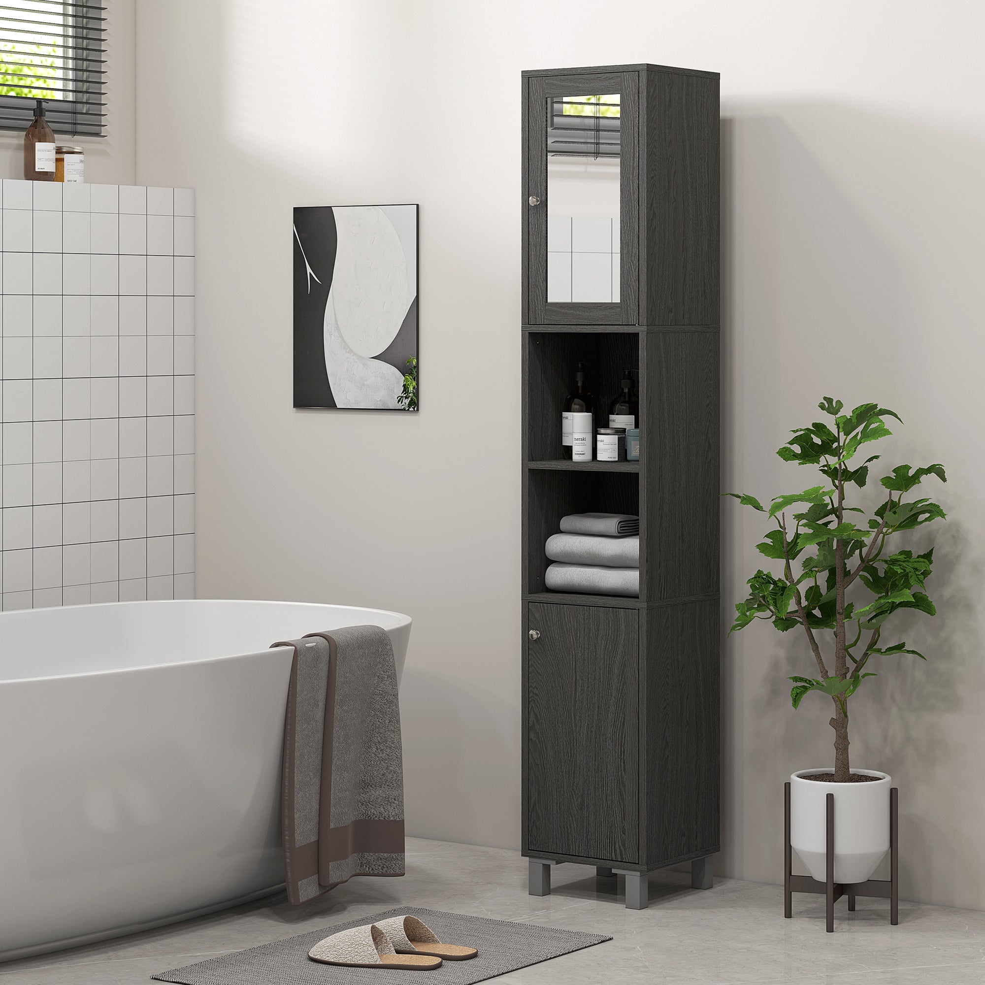 kleankin Tall Bathroom Cabinet w/ Mirror, Narrow Bathroom Storage Cabinet, Slim Linen Tower w/ Doors & Adjustable Shelves, Gray