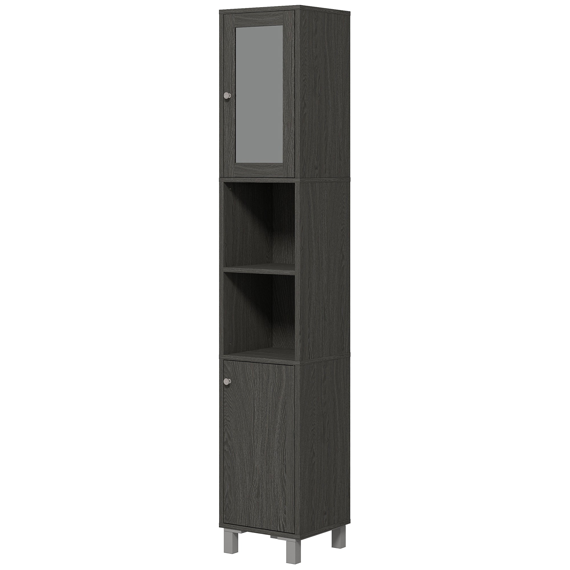 kleankin Tall Bathroom Cabinet w/ Mirror, Narrow Bathroom Storage Cabinet, Slim Linen Tower w/ Doors & Adjustable Shelves, Gray