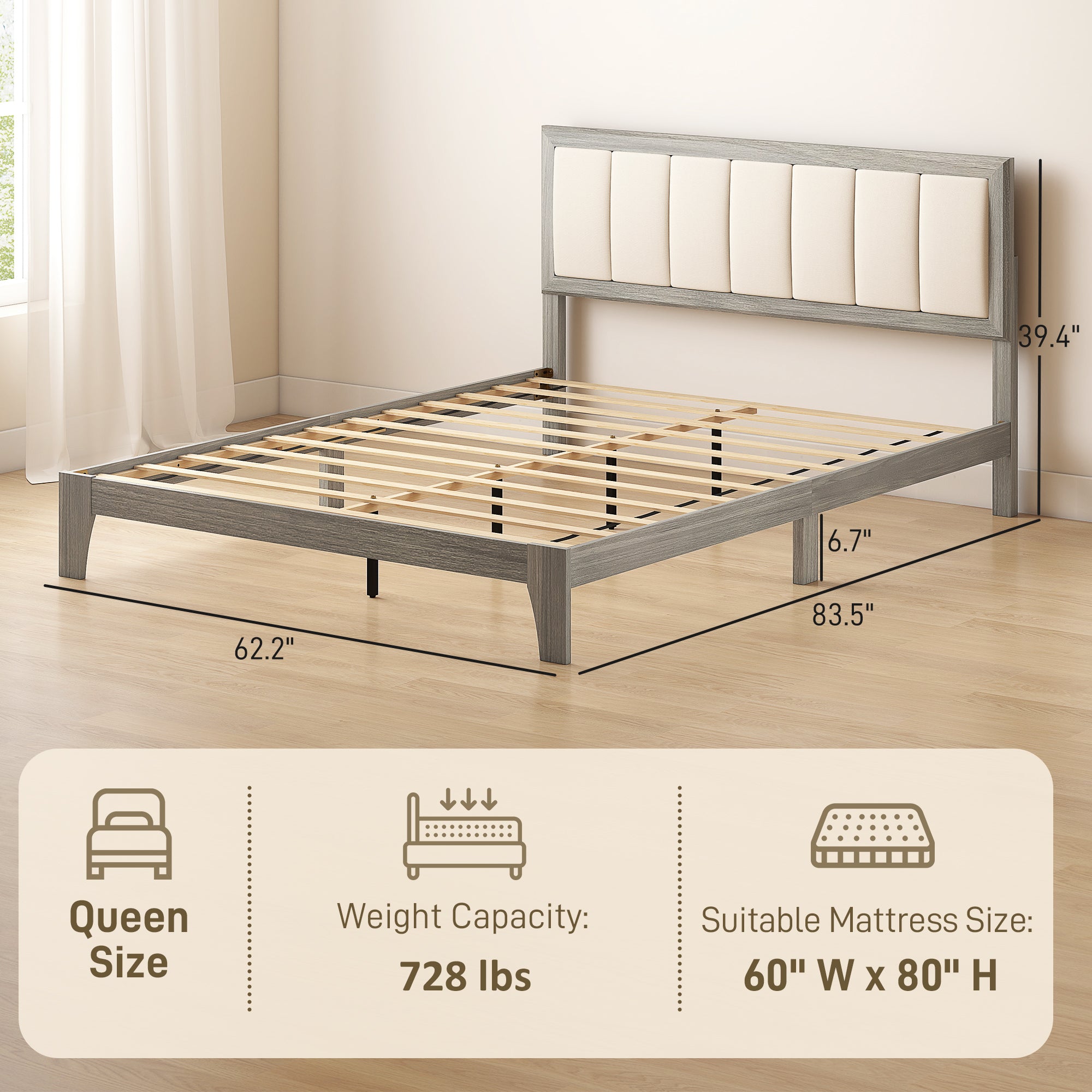 Queen Size Bed Frame with Upholstered Headboard, Platform Bed Frame with Wooden Slats, No Box Spring Needed, Easy Assembly, Gray