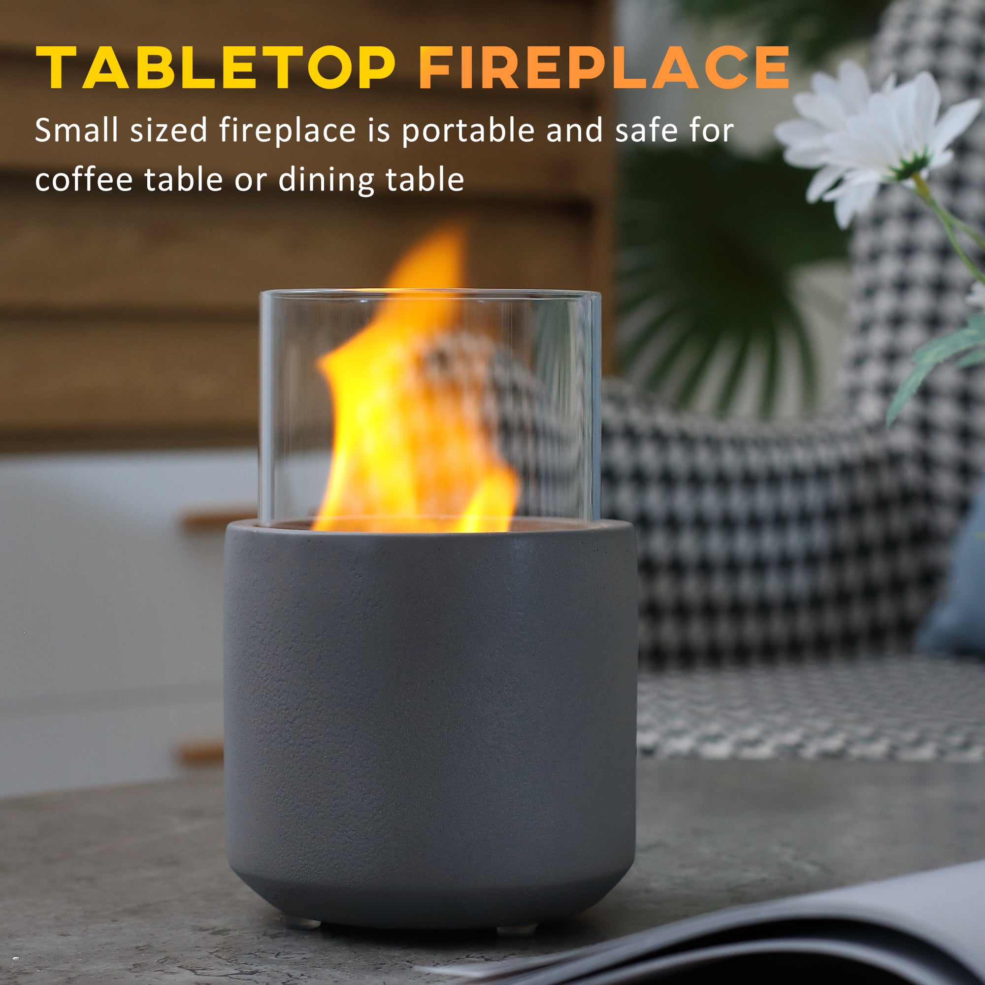 Tabletop Fire Bowl Portable Ethanol Fireplace with Windproof Glass, Light Grey