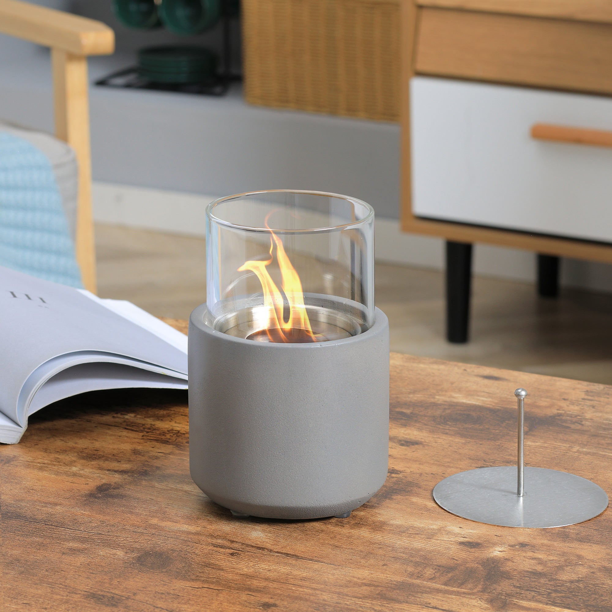 Tabletop Fire Bowl Portable Ethanol Fireplace with Windproof Glass, Light Grey