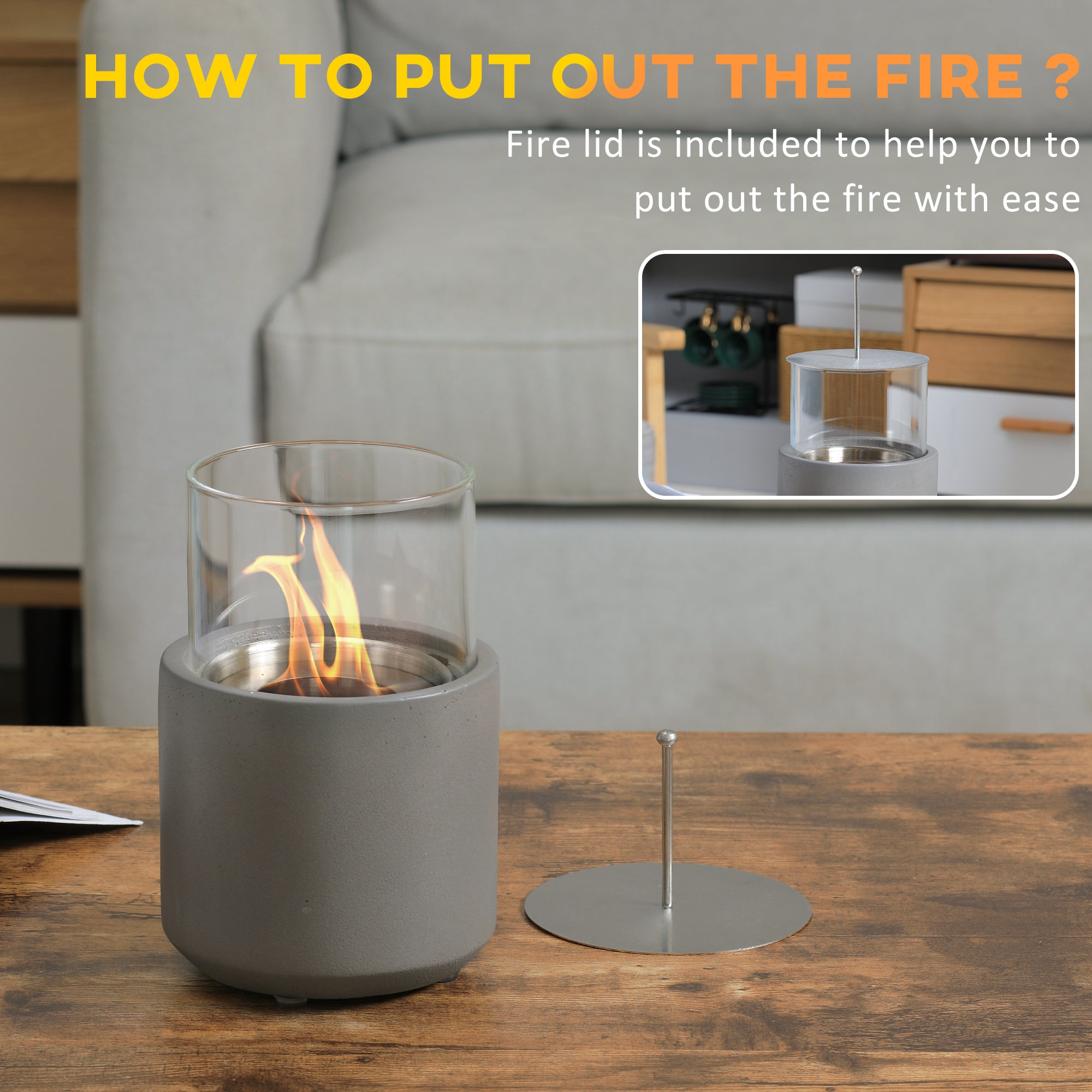 Tabletop Fire Bowl Portable Ethanol Fireplace with Windproof Glass, Light Grey