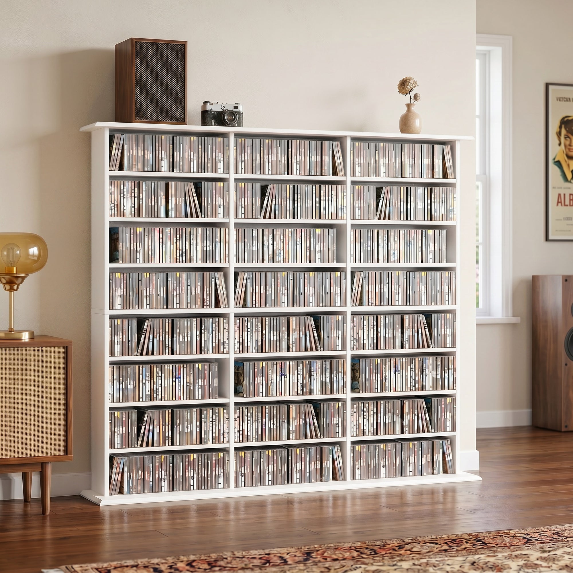 1032 CD/594 DVD Storage Unit, Blu-ray Media Storage Shelf with 24 Compartments and 18 Adjustable Shelves, CD Tower for Living Room, Bedroom, Office, White