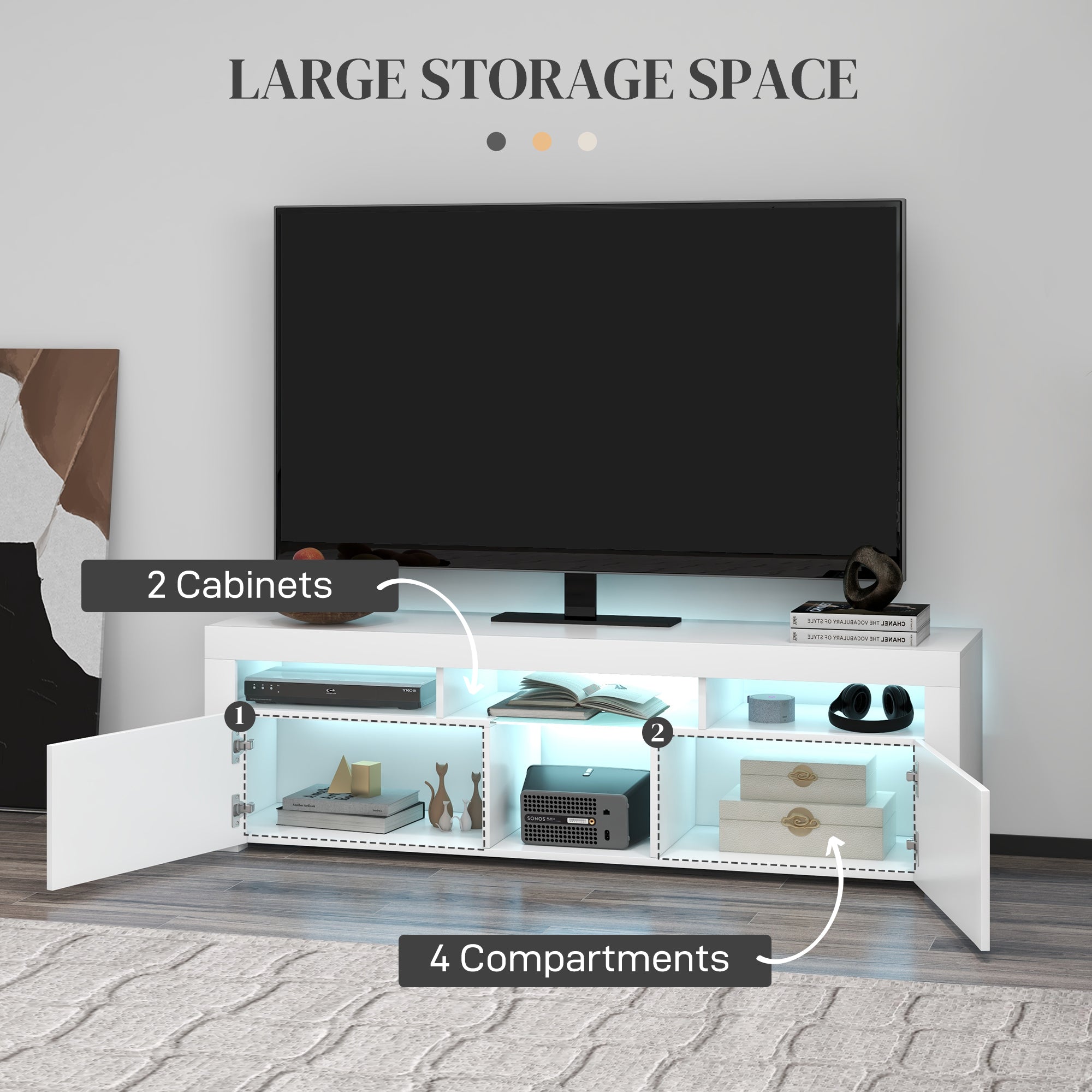 HOMCOM High Gloss TV Stand with LED Lights for TVs up to 55 Inch, Entertainment Center with Storage Compartments and Cabinets, Modern TV Console for Living Room, White