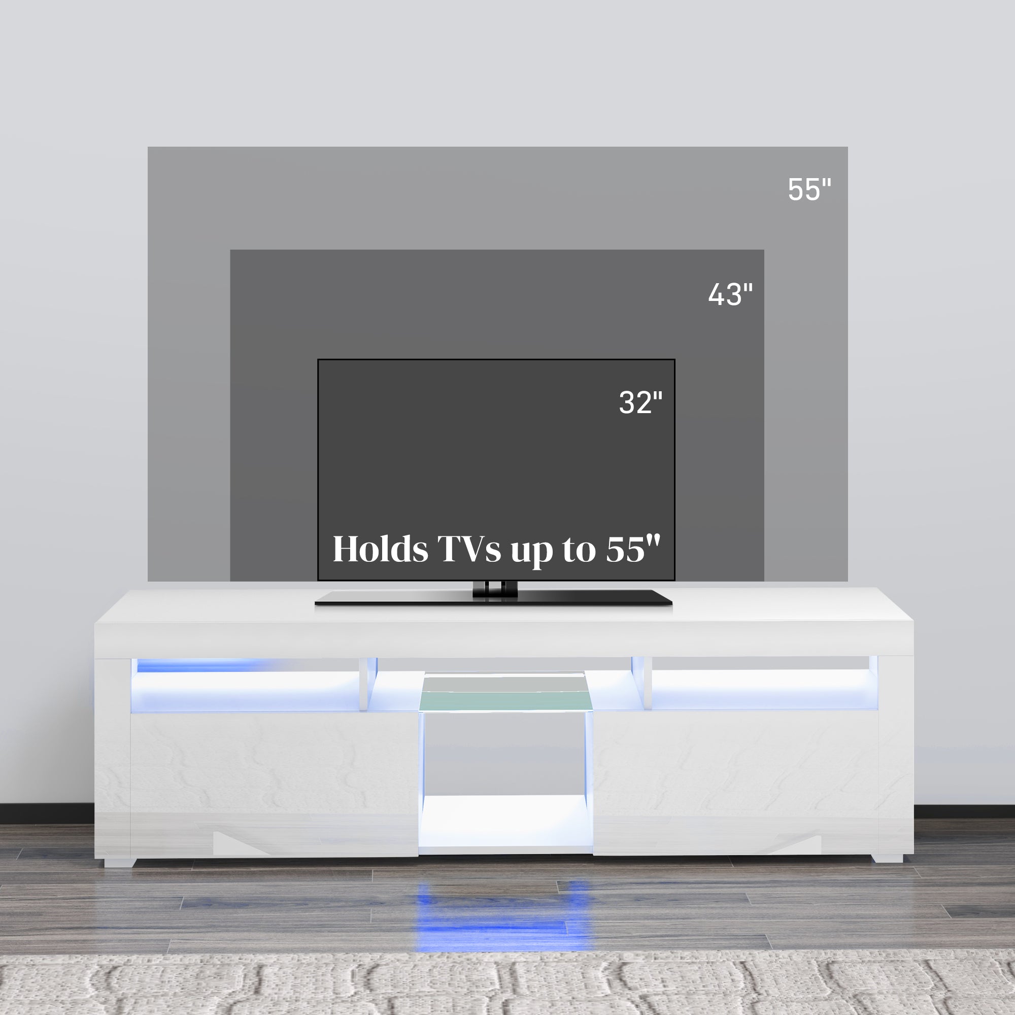 HOMCOM High Gloss TV Stand with LED Lights for TVs up to 55 Inch, Entertainment Center with Storage Compartments and Cabinets, Modern TV Console for Living Room, White