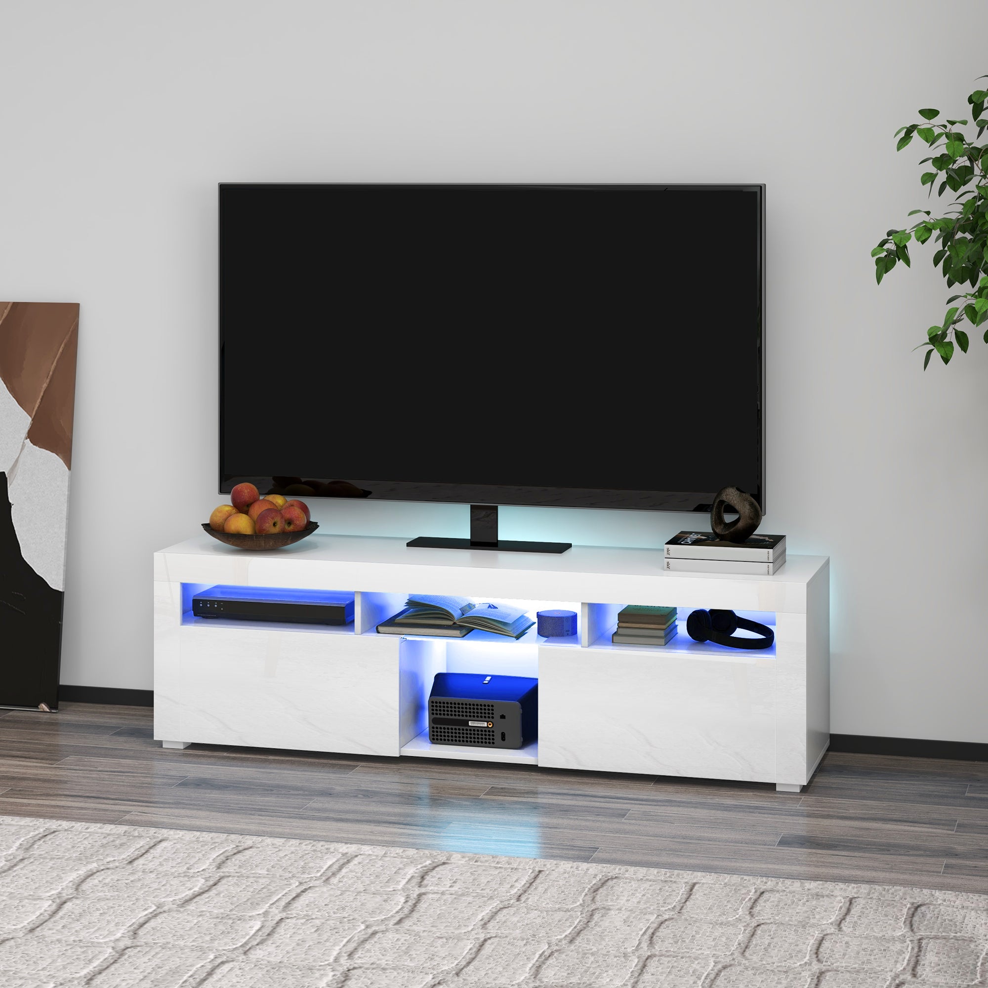 HOMCOM High Gloss TV Stand with LED Lights for TVs up to 55 Inch, Entertainment Center with Storage Compartments and Cabinets, Modern TV Console for Living Room, White