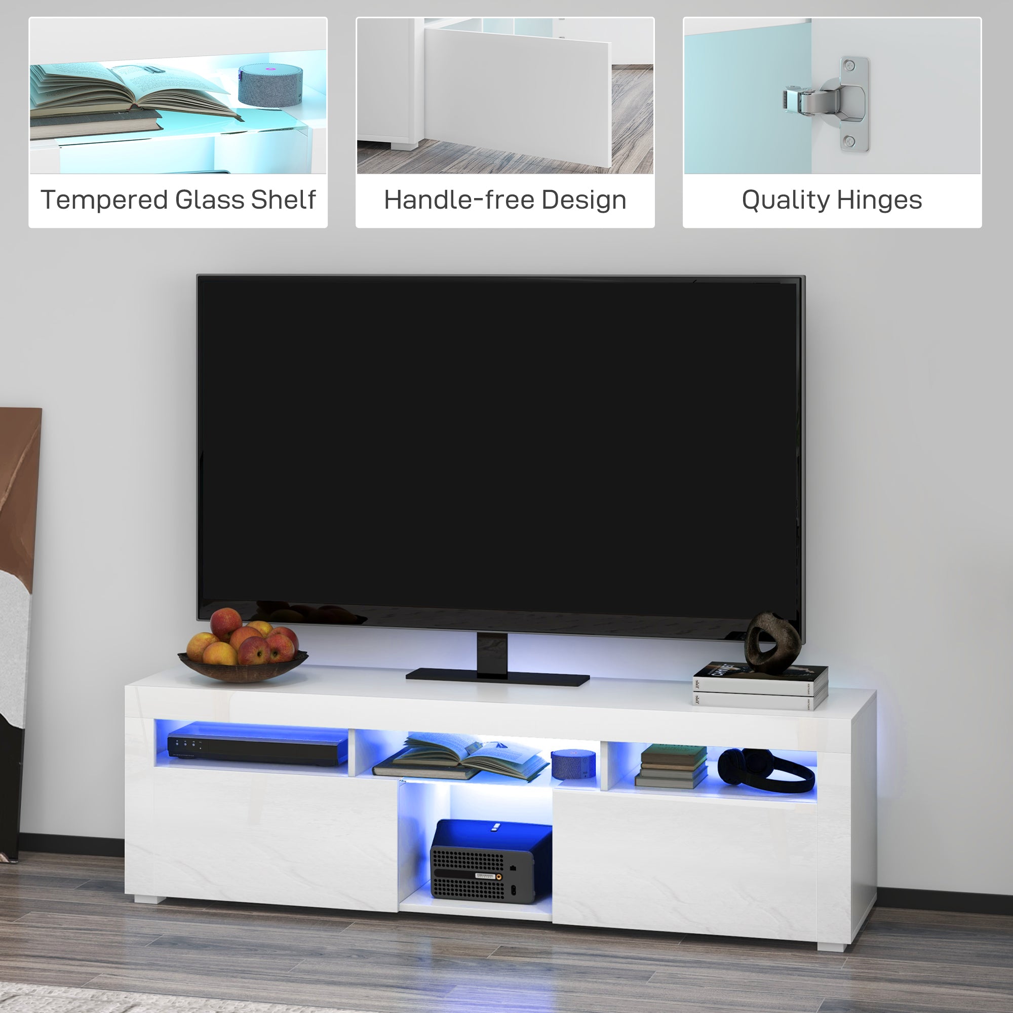 HOMCOM High Gloss TV Stand with LED Lights for TVs up to 55 Inch, Entertainment Center with Storage Compartments and Cabinets, Modern TV Console for Living Room, White