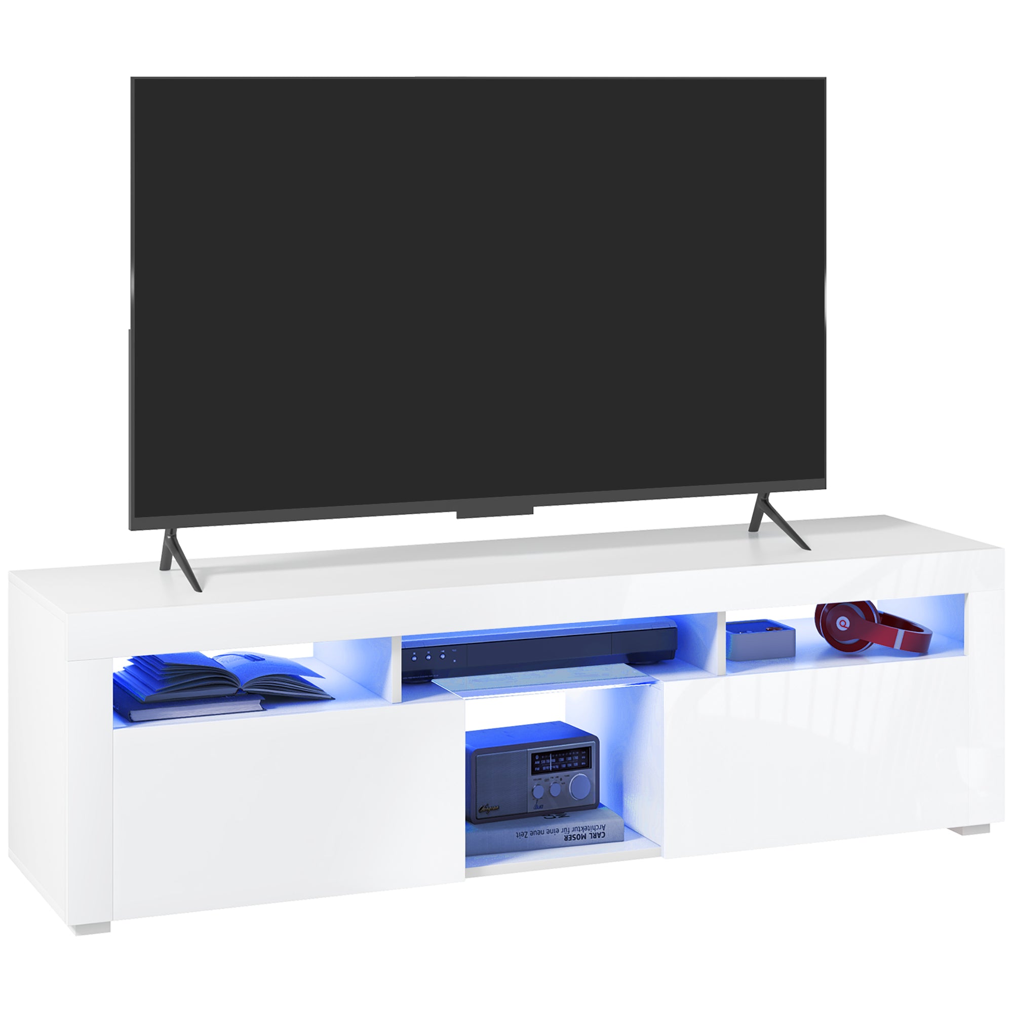 HOMCOM High Gloss TV Stand with LED Lights for TVs up to 55 Inch, Entertainment Center with Storage Compartments and Cabinets, Modern TV Console for Living Room, White