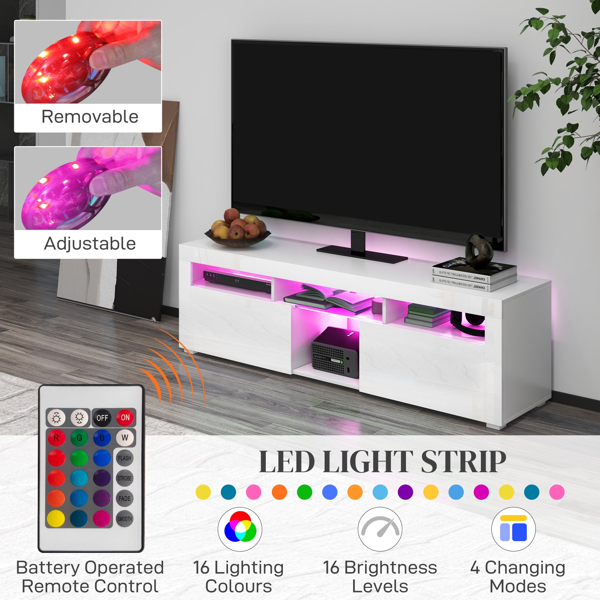 HOMCOM High Gloss TV Stand with LED Lights for TVs up to 55 Inch, Entertainment Center with Storage Compartments and Cabinets, Modern TV Console for Living Room, White