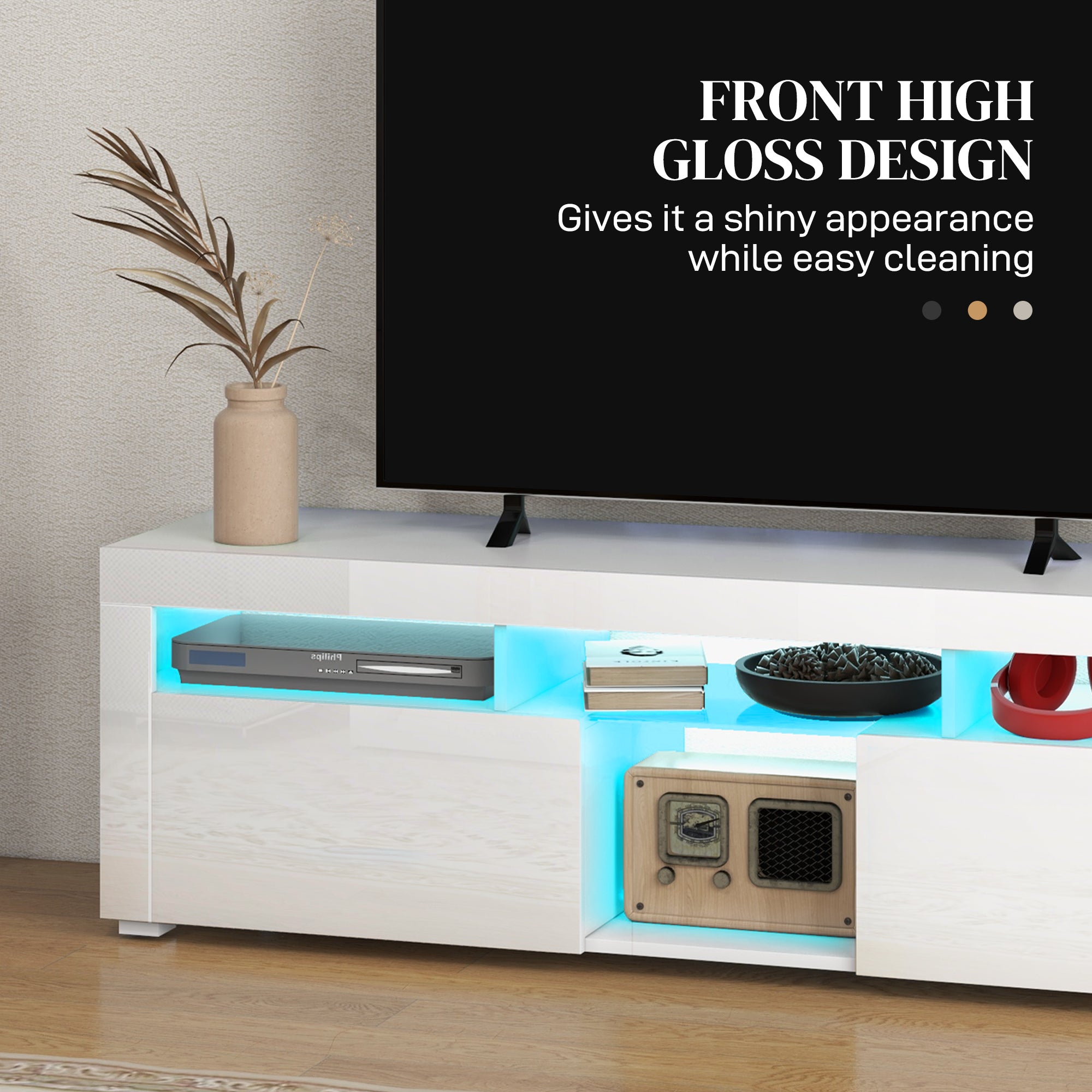 HOMCOM High Gloss TV Stand with LED Lights for TVs up to 55 Inch, Entertainment Center with Storage Compartments and Cabinets, Modern TV Console for Living Room, White