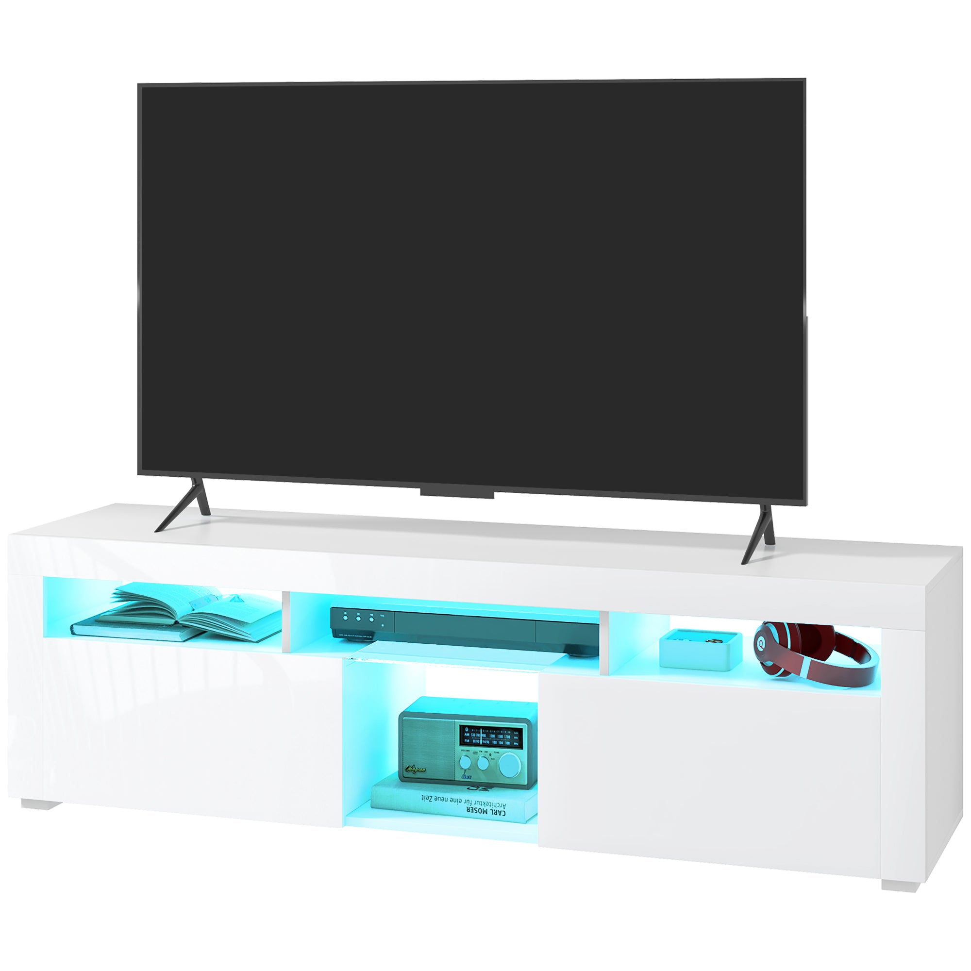 HOMCOM High Gloss TV Stand with LED Lights for TVs up to 55 Inch, Entertainment Center with Storage Compartments and Cabinets, Modern TV Console for Living Room, White