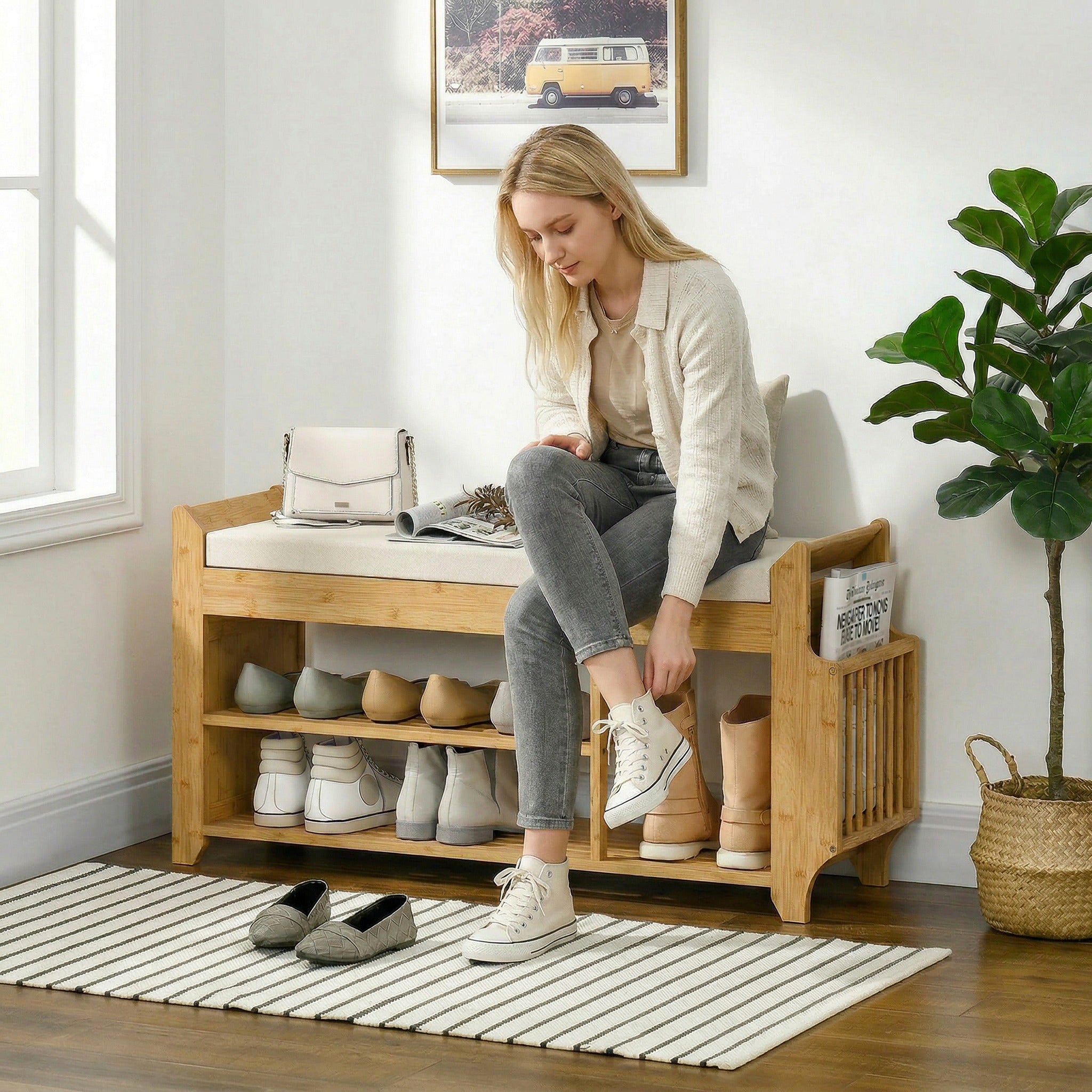 Shoe Bench with Cushioned Seat, 2-Tier Entryway Bench with Side Umbrella Holder, 39.4" in Natural Bamboo Shoe Rack for Hallway, Living Room, Natural and Cream