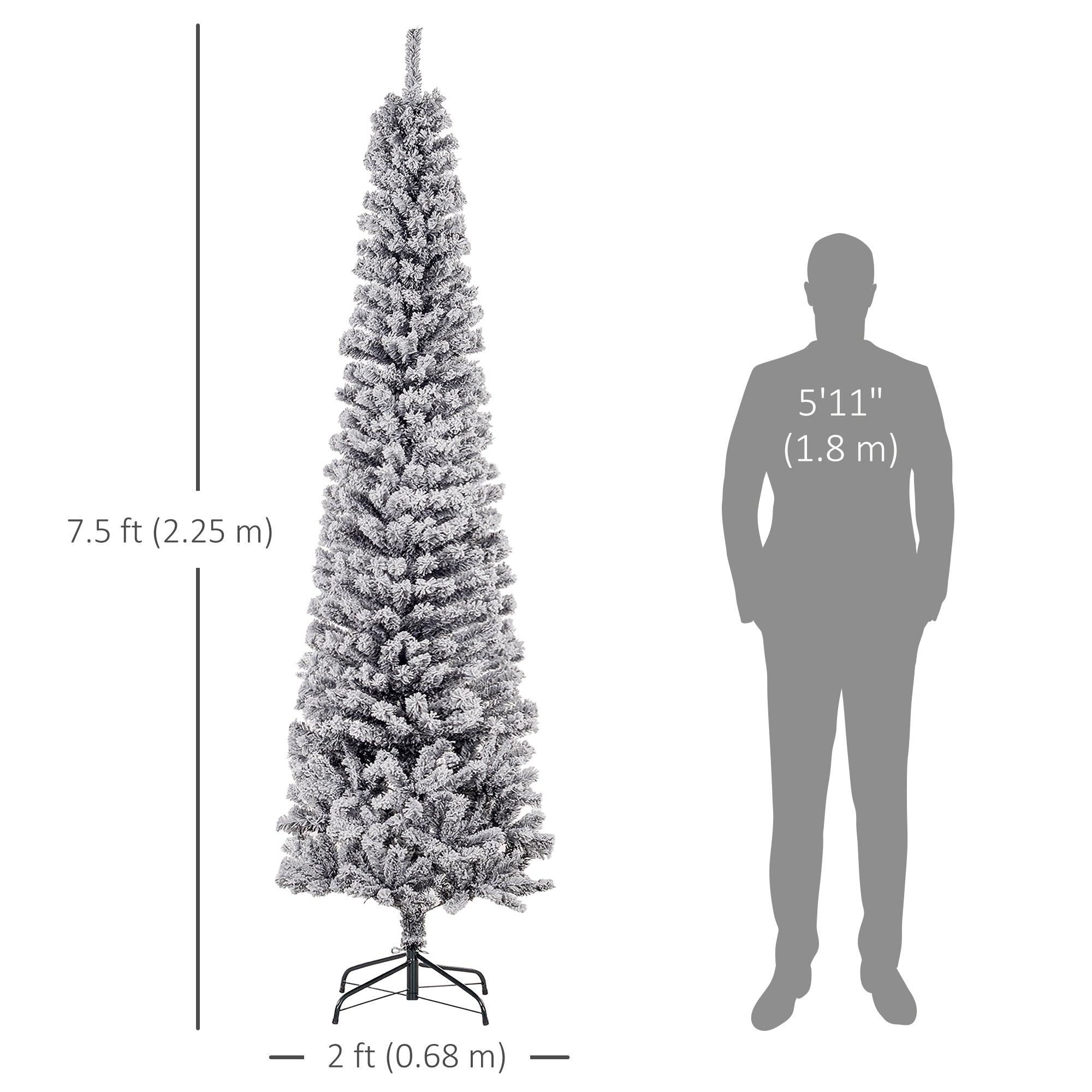 HOMCOM 7.5ft Snow Flocked Pencil Christmas Tree, Artificial Slim Xmas Tree with Realistic Branch Tips, Folding Metal Stand, Black