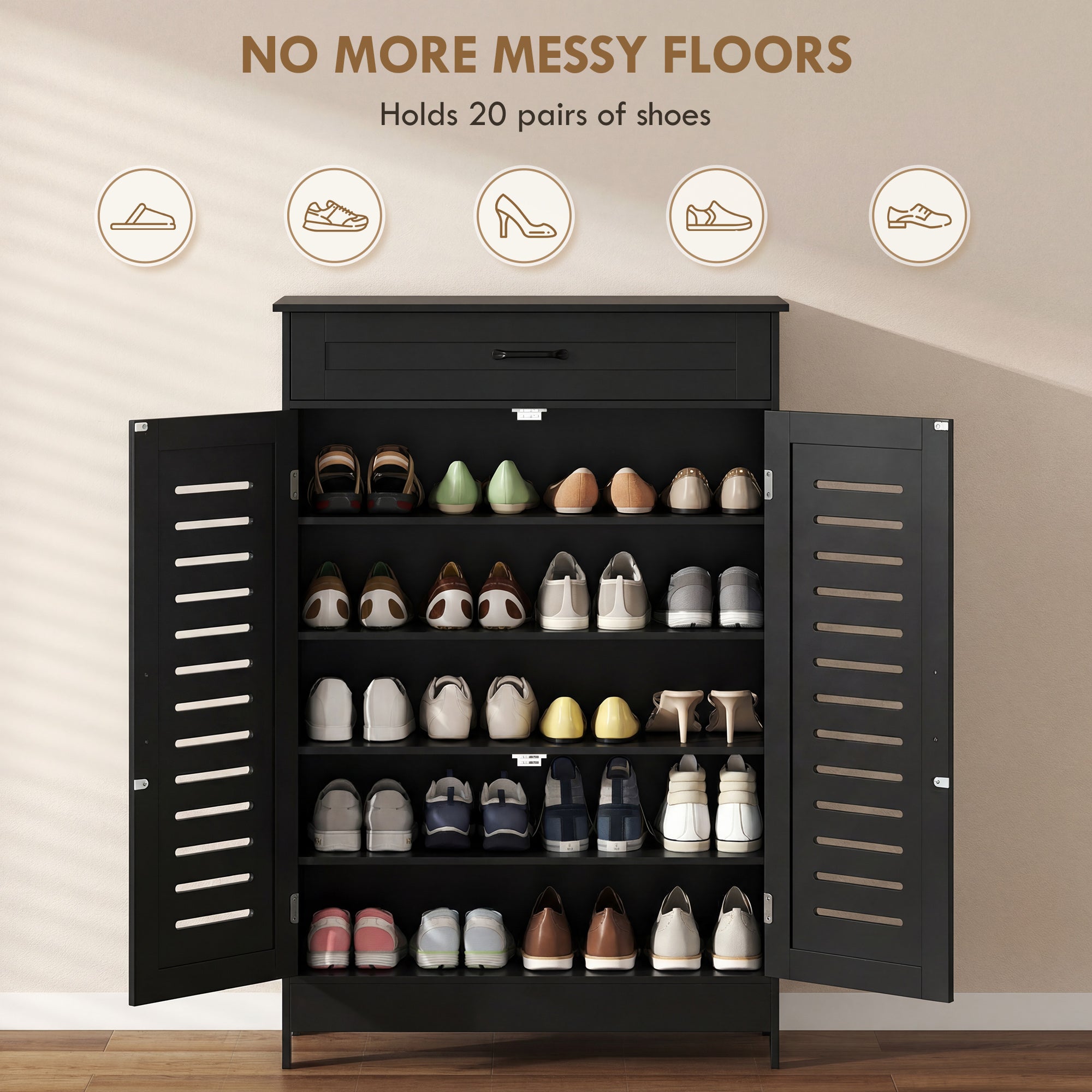 Shoe Cabinet with Louvered Doors, Modern Shoe Storage Cabinet with Drawer and Adjustable Shelves, Holds up to 20 Pairs for Entryway, Hallway, Black