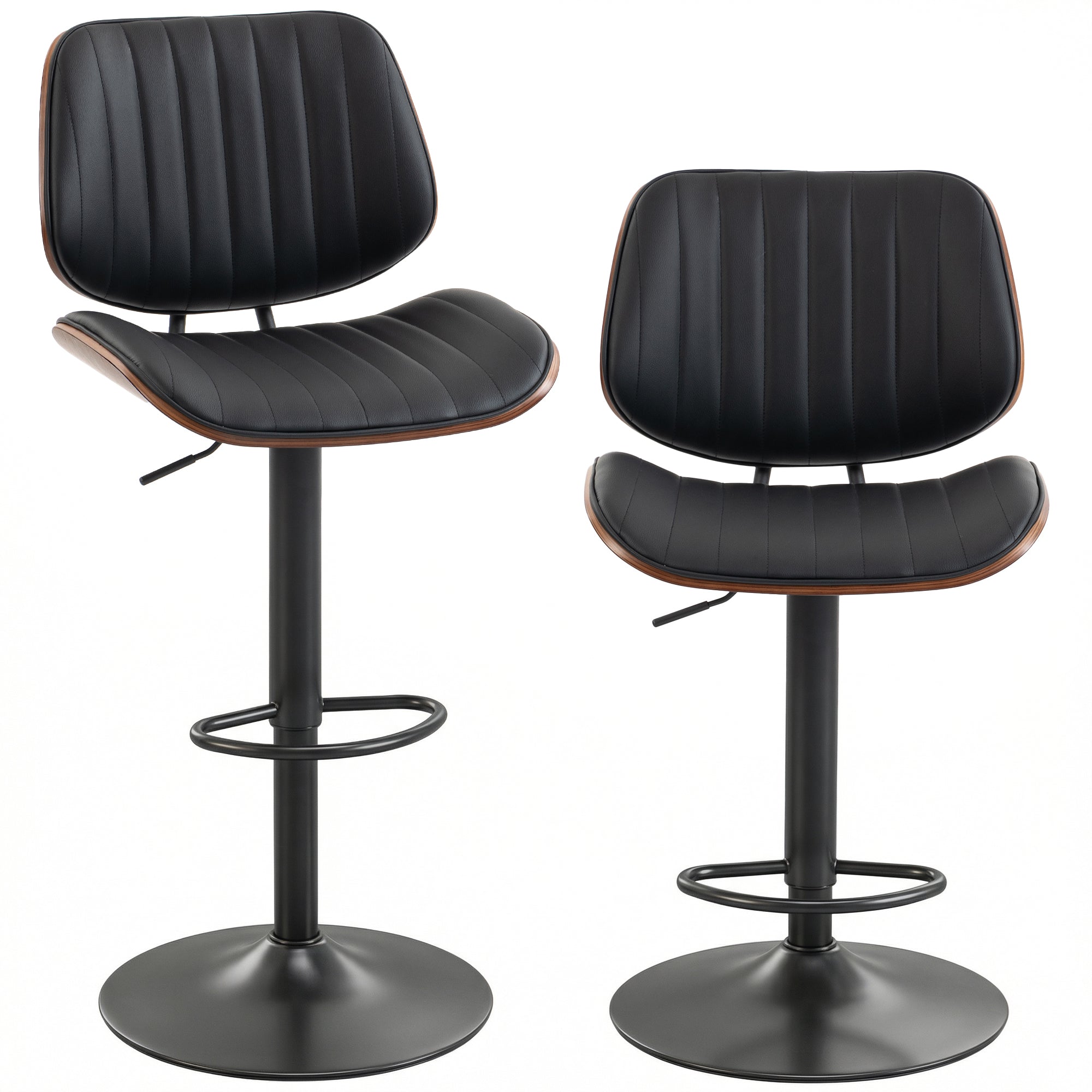 Bar Stools Set of 2, Mid-Century Modern Swivel Counter Height Barstools with Back, Adjustable Height, Footrest, PU Leather Bar Chairs for Kitchen Island Dining Room, Black