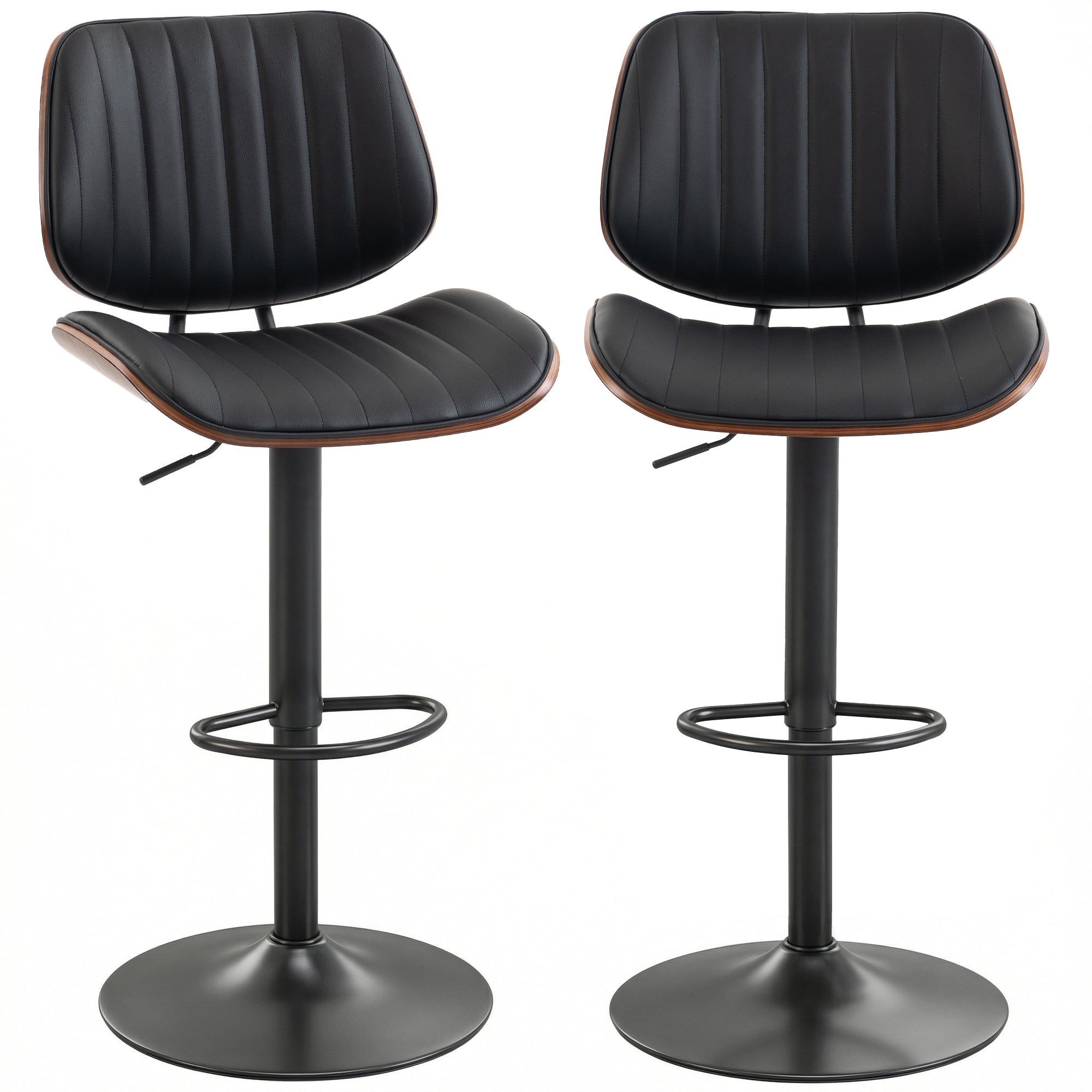 Bar Stools Set of 2, Mid-Century Modern Swivel Counter Height Barstools with Back, Adjustable Height, Footrest, PU Leather Bar Chairs for Kitchen Island Dining Room, Black