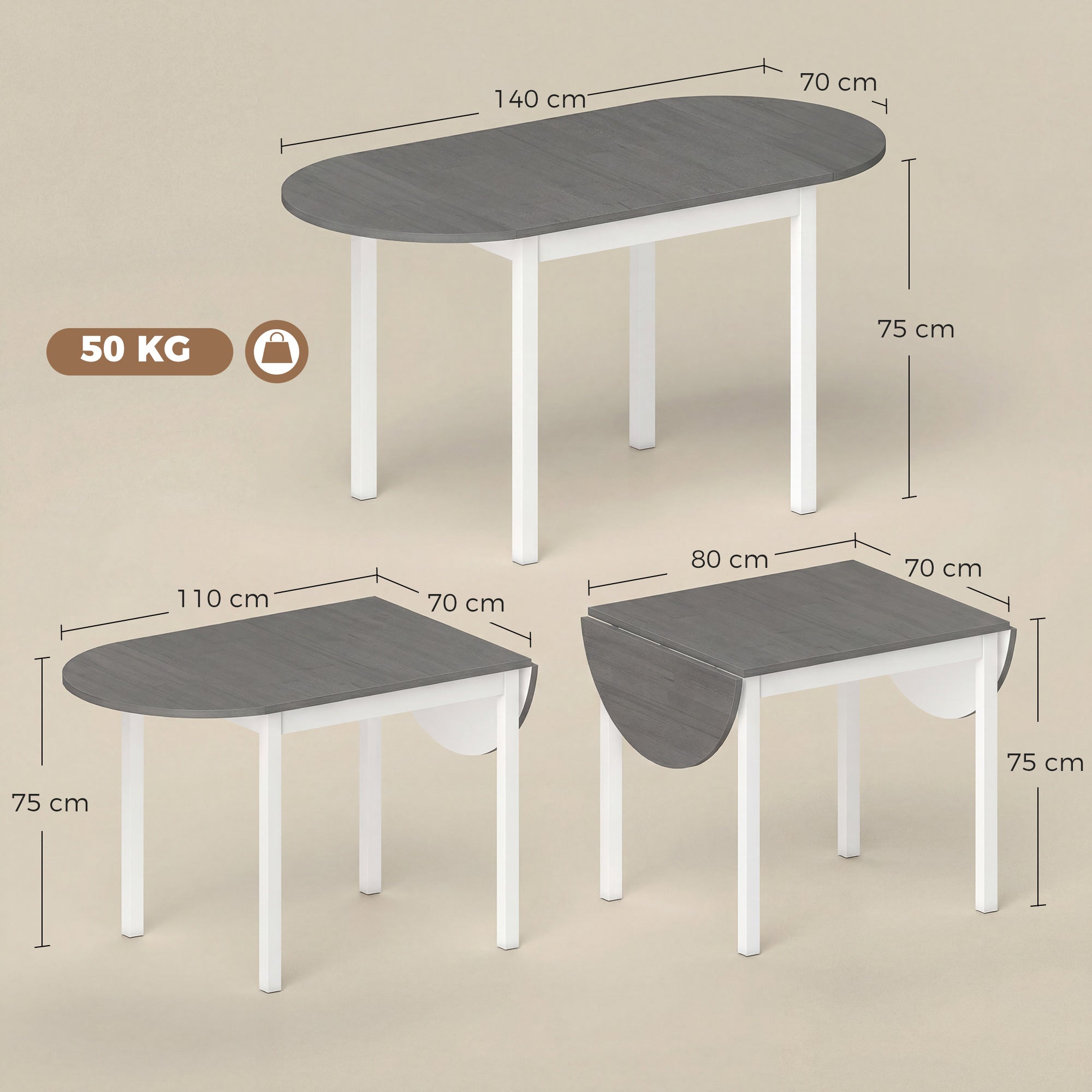 Folding Dining Table for 4-6 People, 140 cm Oval Solid Wood Drop Leaf Table, Kitchen Table for Small Spaces, Dining Room, Living Room, Grey