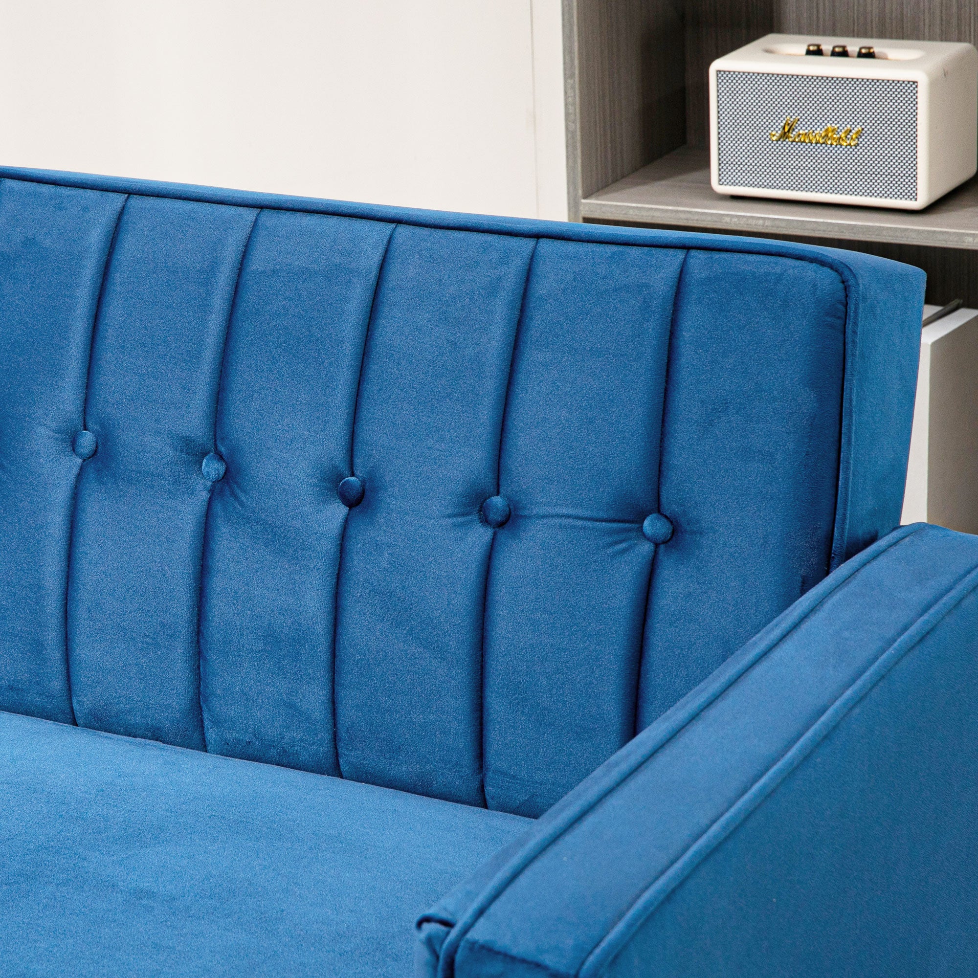 HOMCOM Modern 3 Seater Velvet Sofa Bed, Click Clack Sofa Bed, Button Tufted Sleeper Couch with Split Reclining Backrest and Rubber Wood Legs, Blue