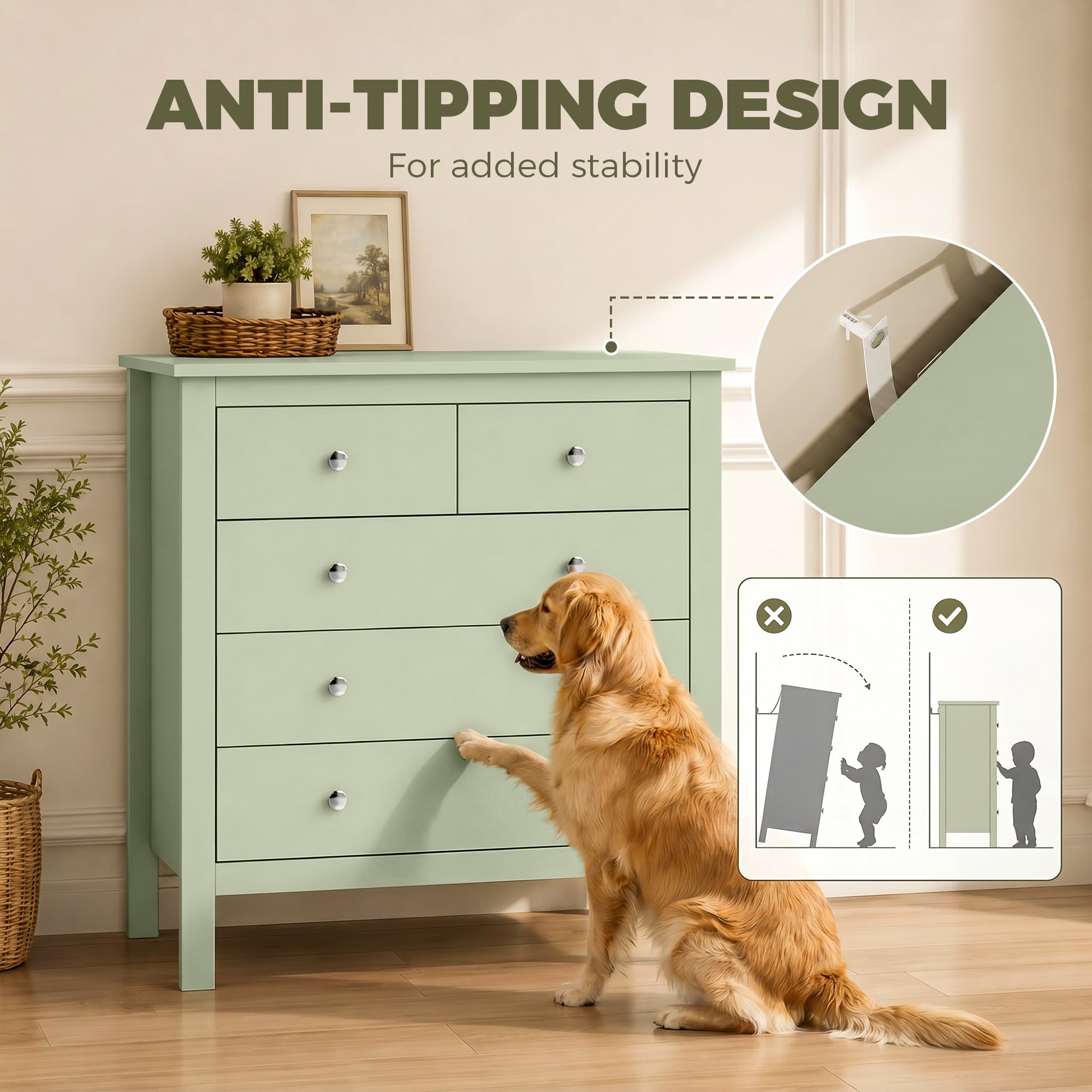 5 Drawer Chest of Drawers, Modern Dresser for Bedroom, Bedside Storage Cabinet, Wide Storage Unit with Glide Runners for Living Room, Hallway, Closet, 79 x 39.5 x 80.5 cm, Sage Green
