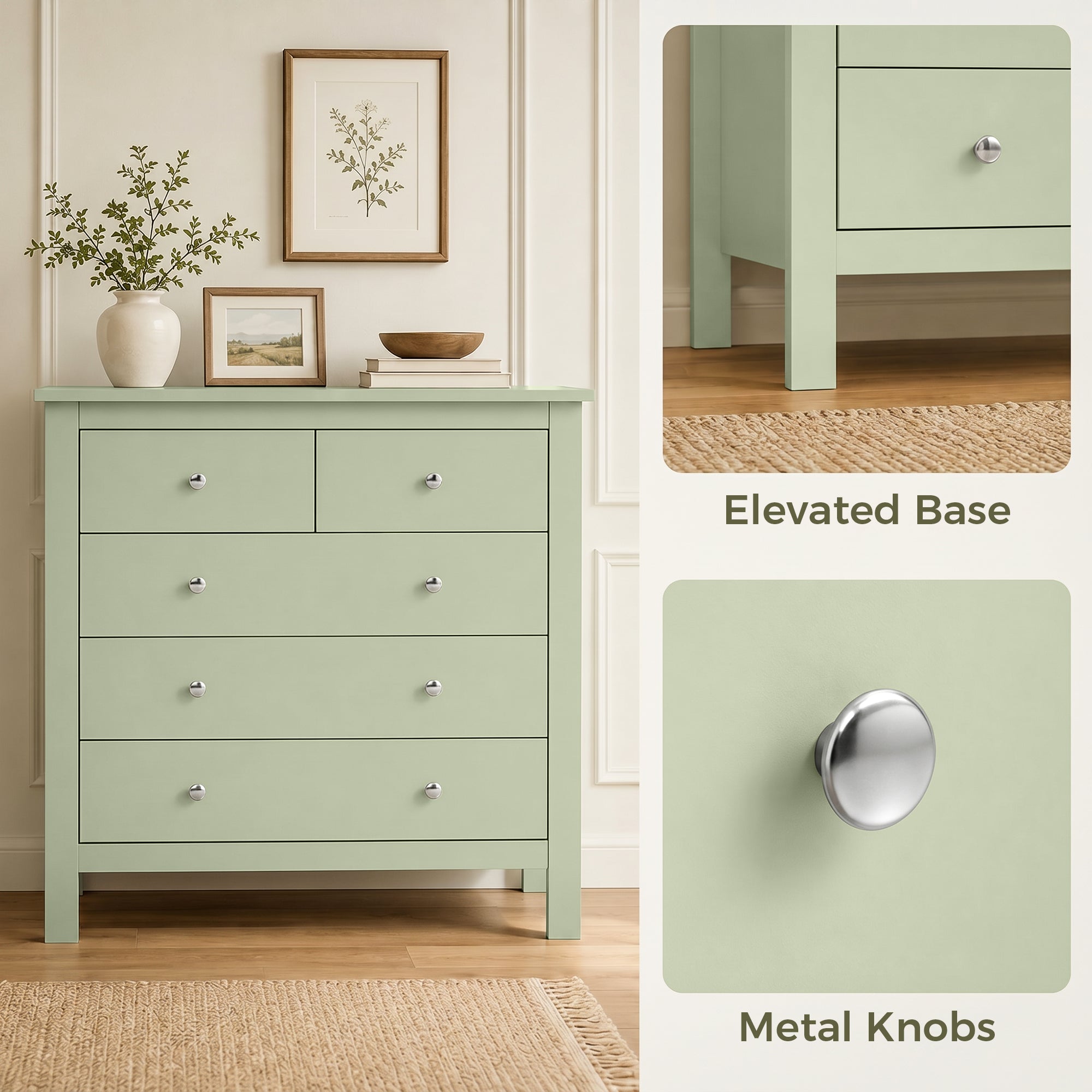 5 Drawer Chest of Drawers, Modern Dresser for Bedroom, Bedside Storage Cabinet, Wide Storage Unit with Glide Runners for Living Room, Hallway, Closet, 79 x 39.5 x 80.5 cm, Sage Green