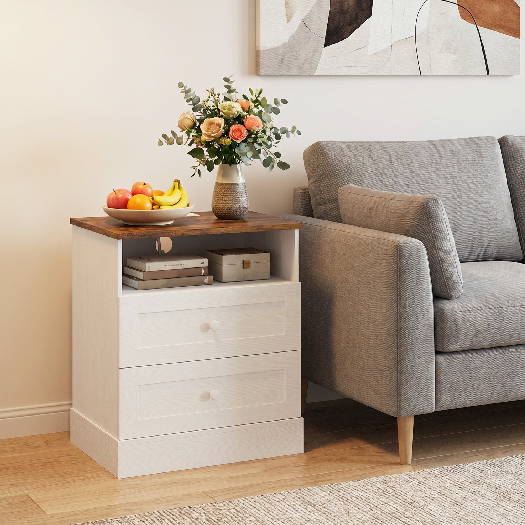 Modern Nightstands Set of 2, Bedside Table with Charging Station, 2 Drawers and Open Shelf, Side End Table for Bedroom, White and Oak