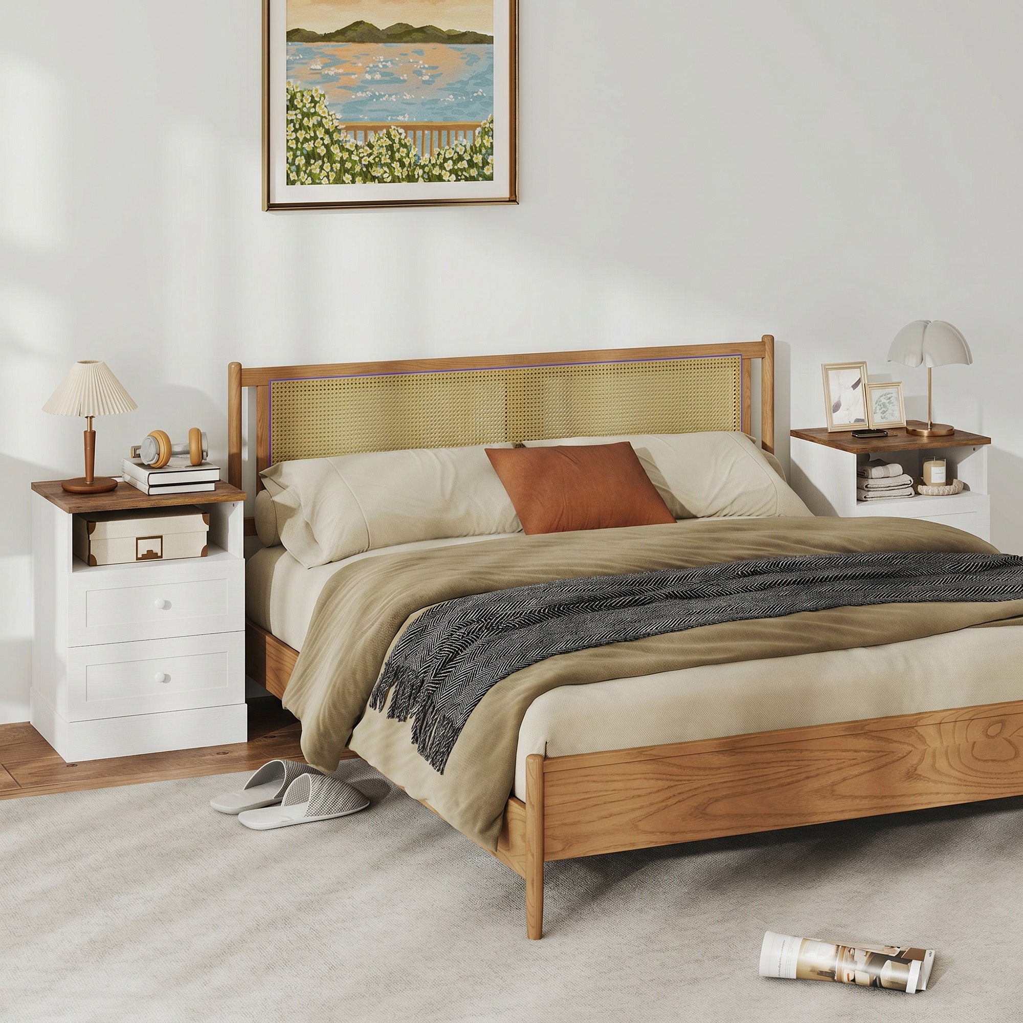 Modern Nightstands Set of 2, Bedside Table with Charging Station, 2 Drawers and Open Shelf, Side End Table for Bedroom, White and Oak
