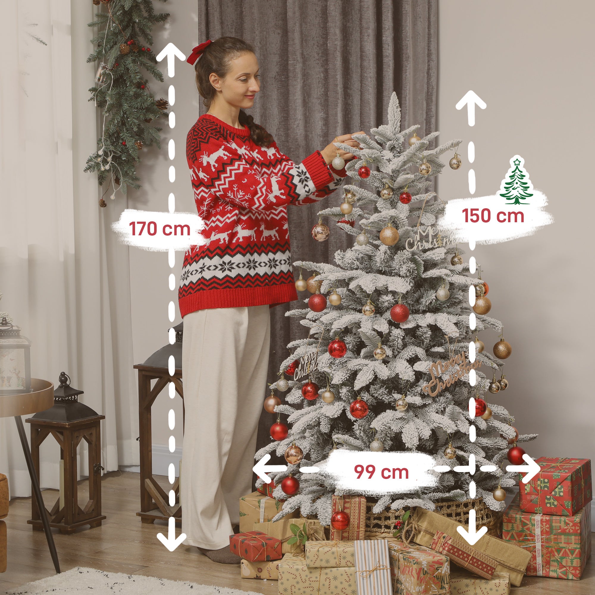 5 ft Artificial Flocked Christmas Tree with 717 Branches, Hinged Xmas Tree with Foldable Metal Stand, Easy Assembly for Home Office Decor