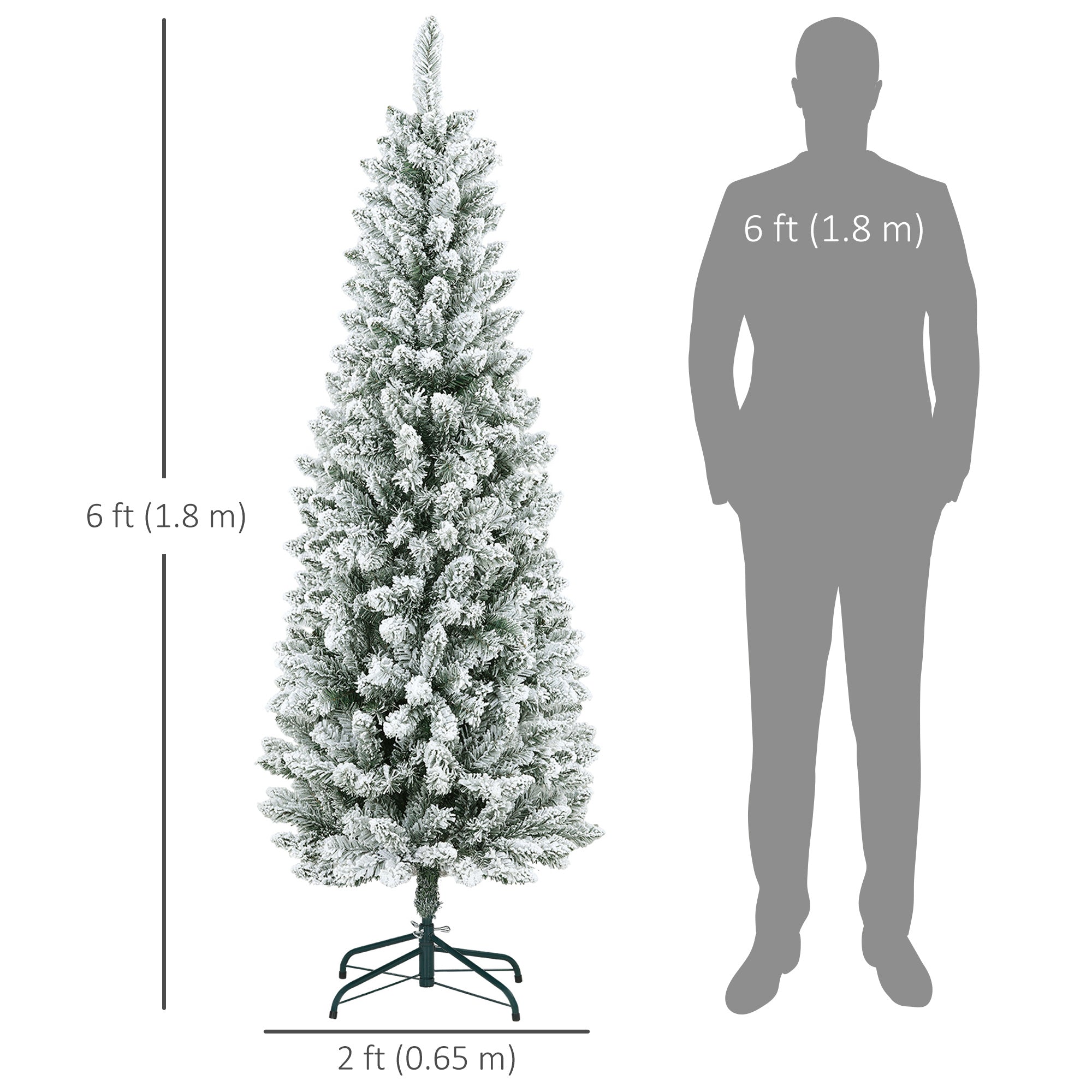 HOMCOM 6ft Tall Pencil Christmas Tree, Artificial Flocked Christmas Tree with 479 Branch Tips and Steel Base, Holiday Décor for Home Office, Green