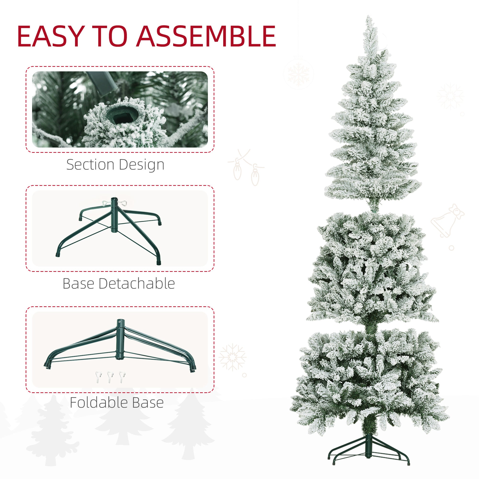 HOMCOM 6ft Tall Pencil Christmas Tree, Artificial Flocked Christmas Tree with 479 Branch Tips and Steel Base, Holiday Décor for Home Office, Green