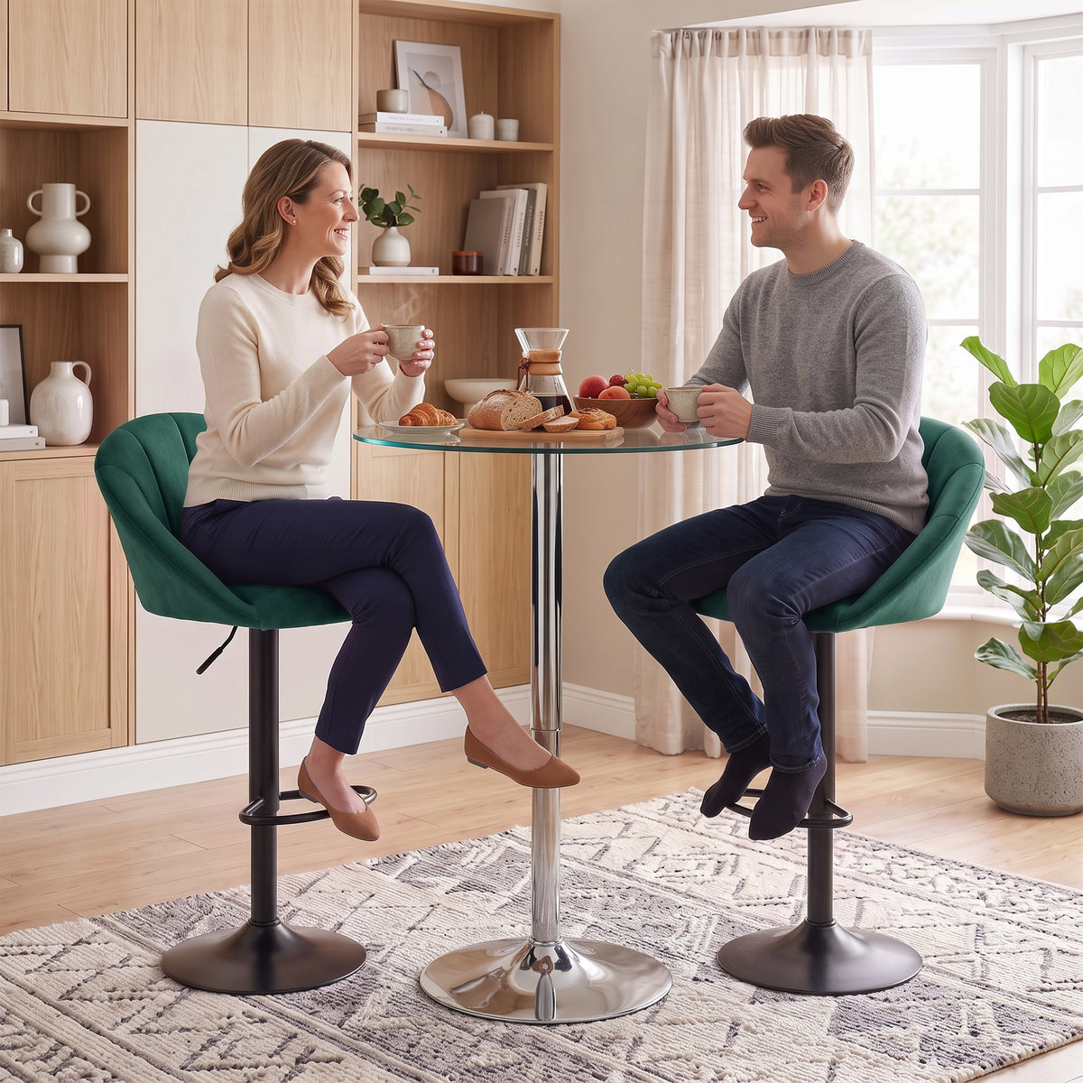 Breakfast Bar Stools Set of 2, Modern Velvet-Feel Swivel BarStools, Adjustable Counter Height Bar Chairs with Backrest and Footrest for Kitchen Island, Dining Room, Bar, Dark Green
