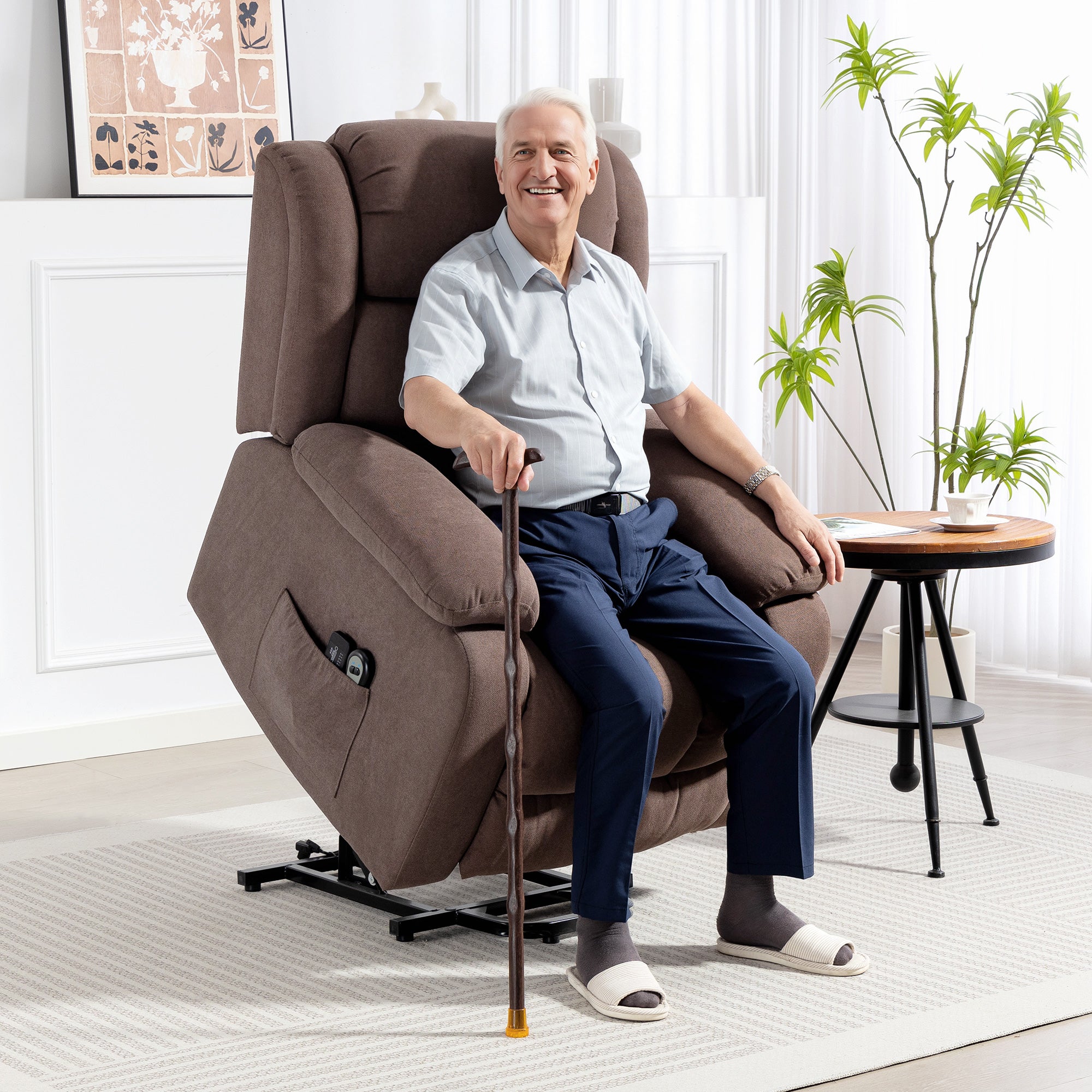 Power Lift Recliner Chair with Massage, Linen Overstuffed Lift Chair for Elderly, Electric Recliner Armchair with Footrest, Remote Control and Side Pocket, for Living Room, Dark Brown