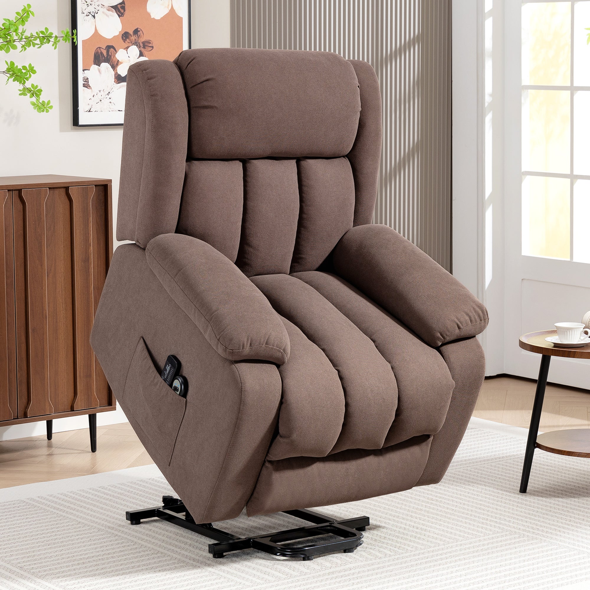 Power Lift Recliner Chair with Massage, Linen Overstuffed Lift Chair for Elderly, Electric Recliner Armchair with Footrest, Remote Control and Side Pocket, for Living Room, Dark Brown