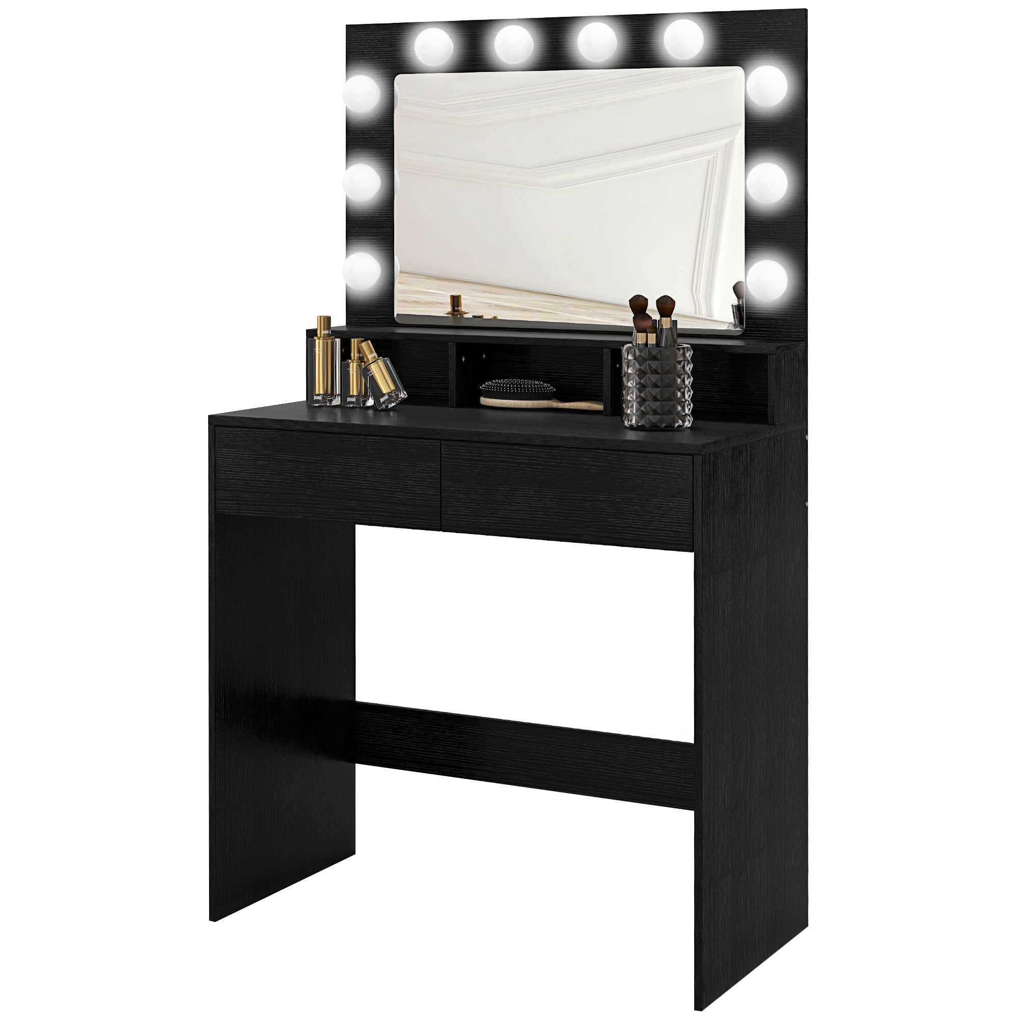 HOMCOM Vanity Table with Lighted Mirror, Makeup Table with Drawers, 3 Lighting Modes, 10 Bulbs, Modern Dressing Table for Bedroom, Black